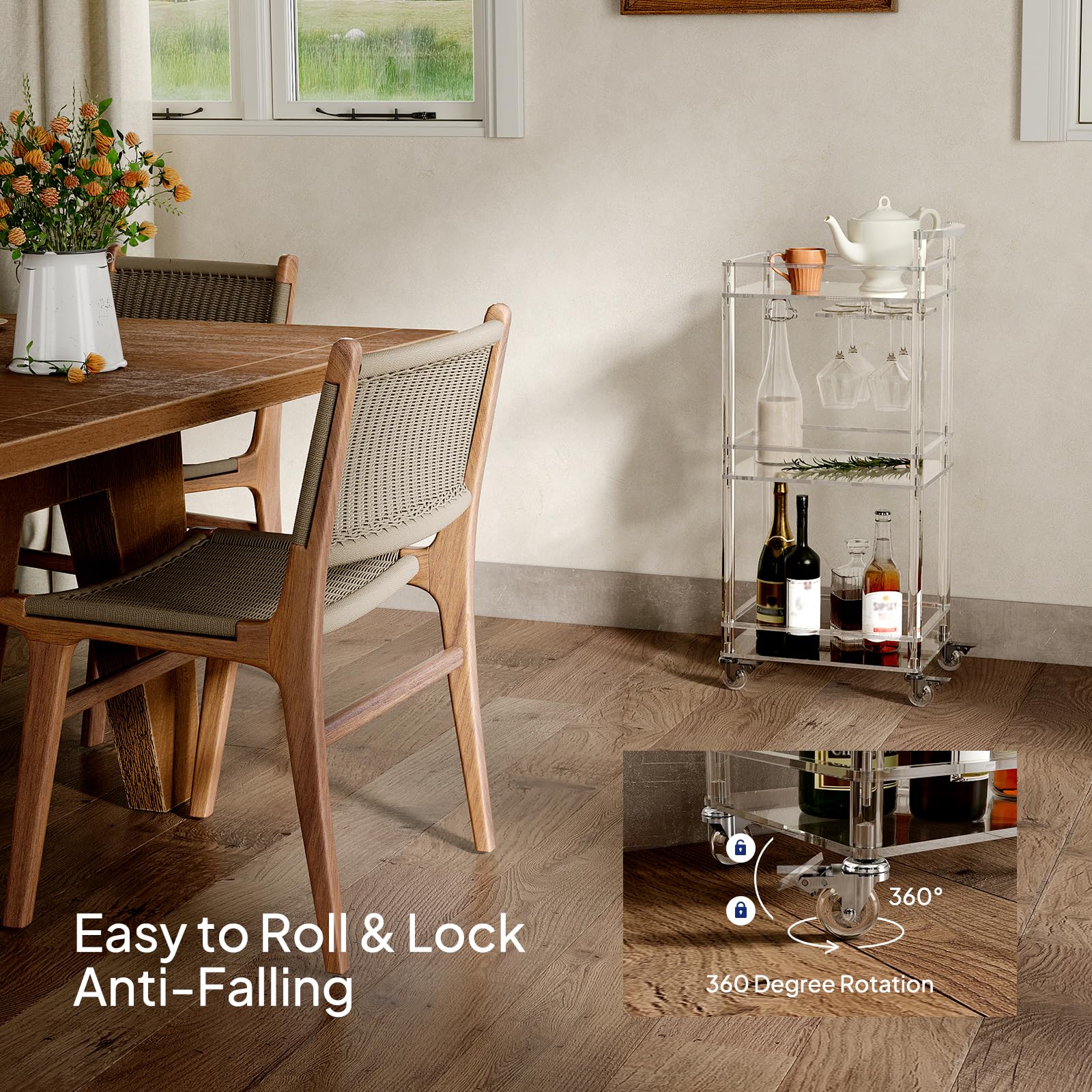 3-Tier Acrylic Rolling Bar Cart with Lockable Wheels