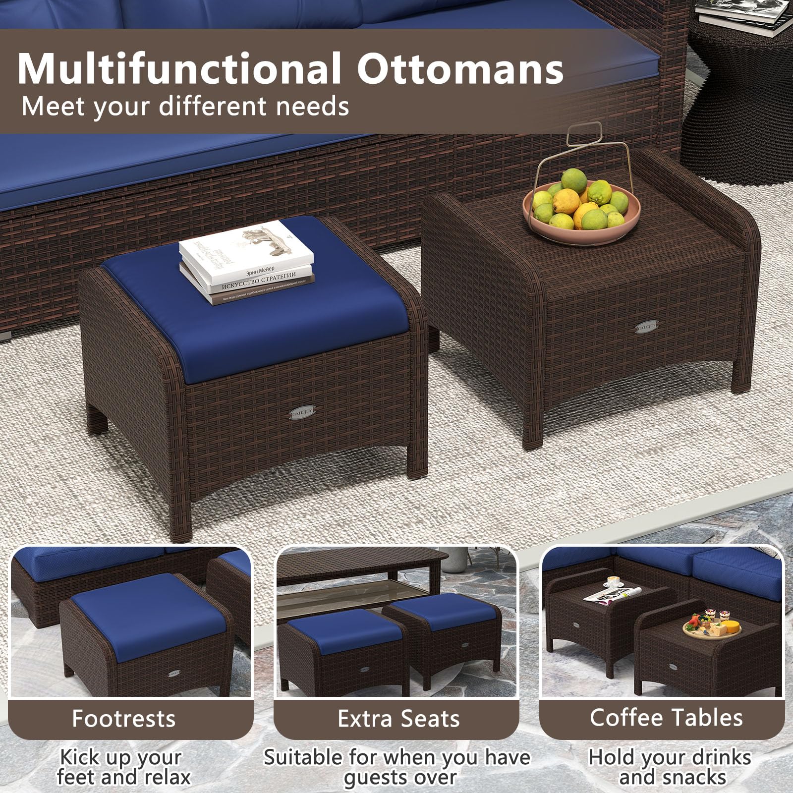 Wicker Outdoor Ottomans Set of 2 with Removable Cushions