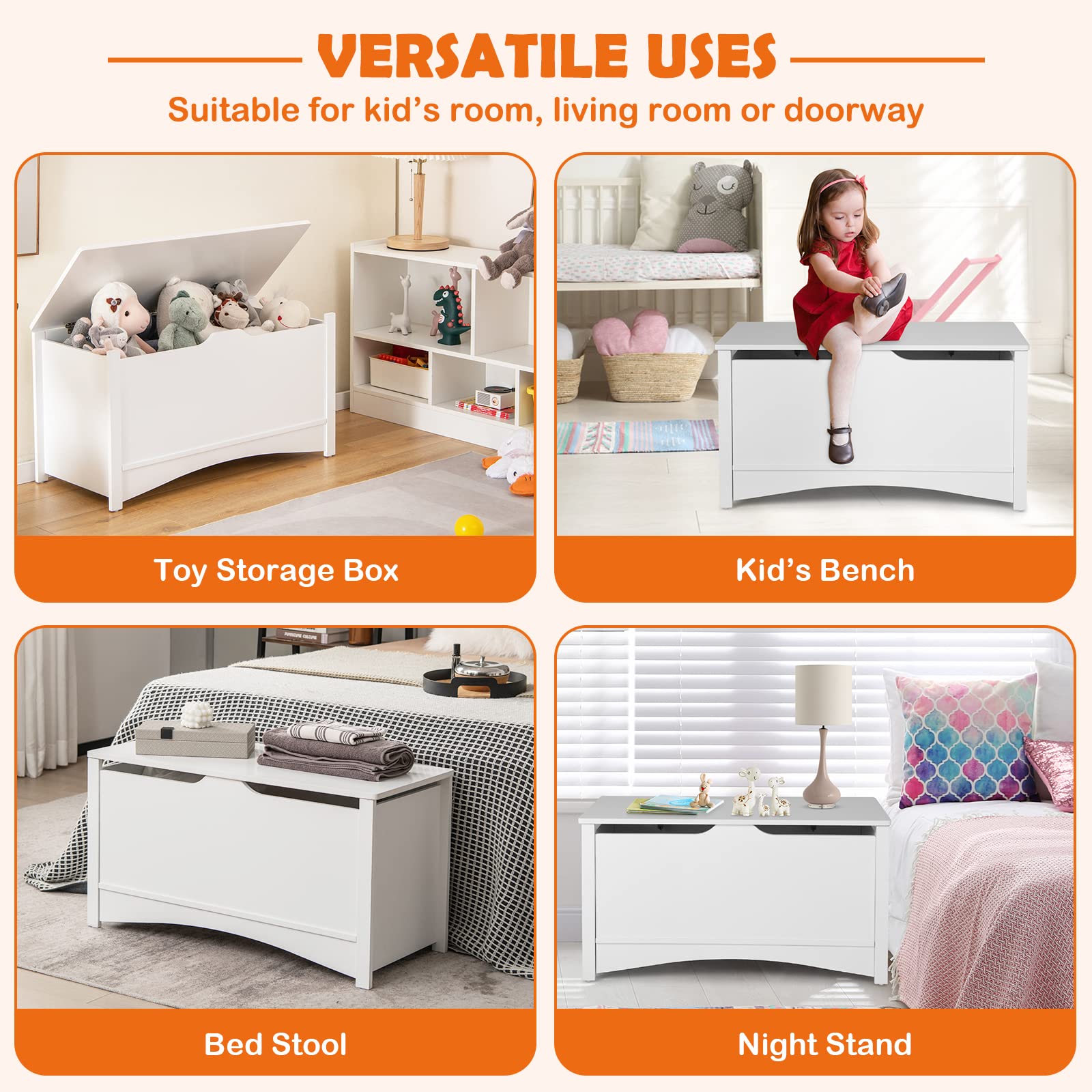36-Inch Wooden Toy Storage Box with Safety Hinges