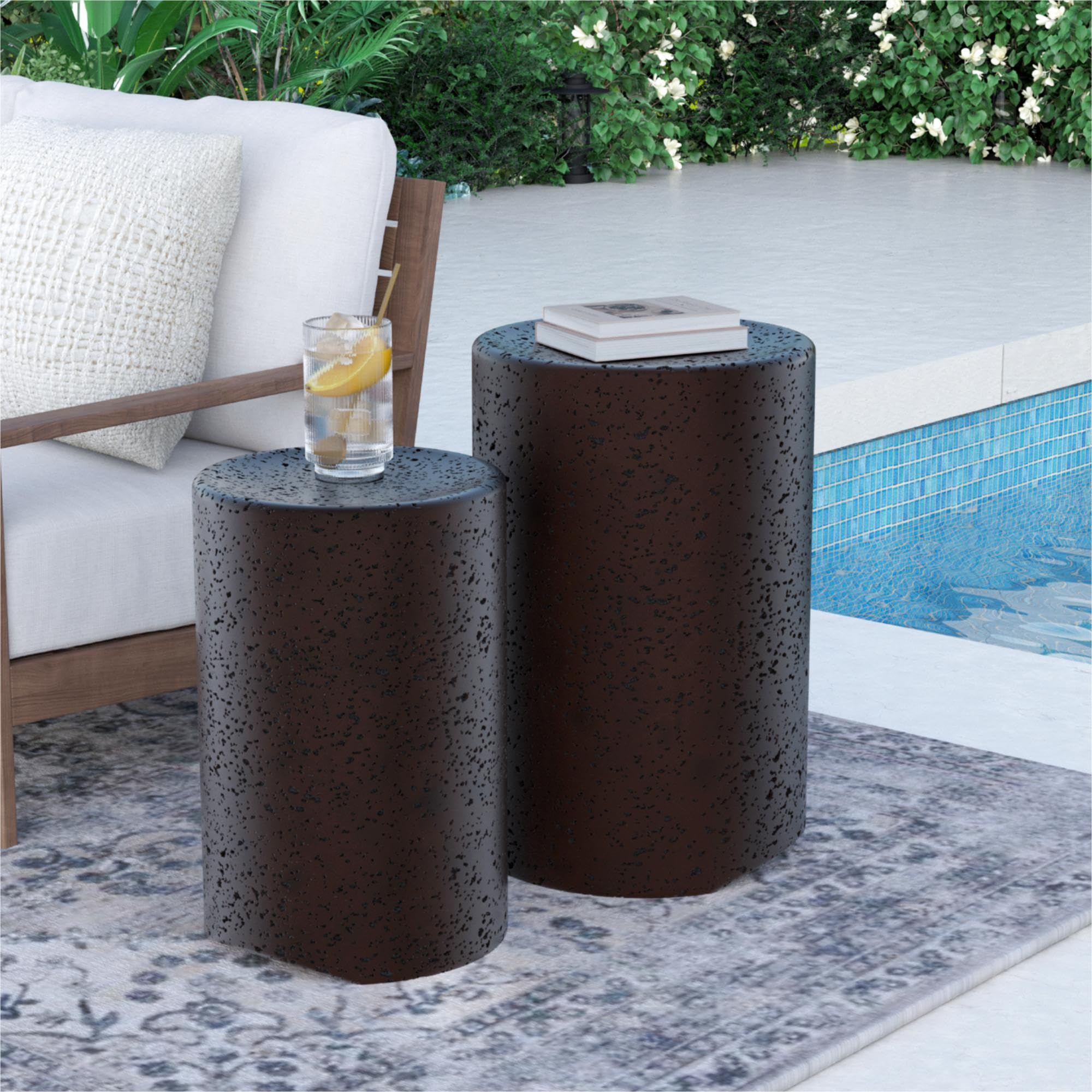 Concrete Side Table Set of 2 Round Nesting Outdoor End Tables