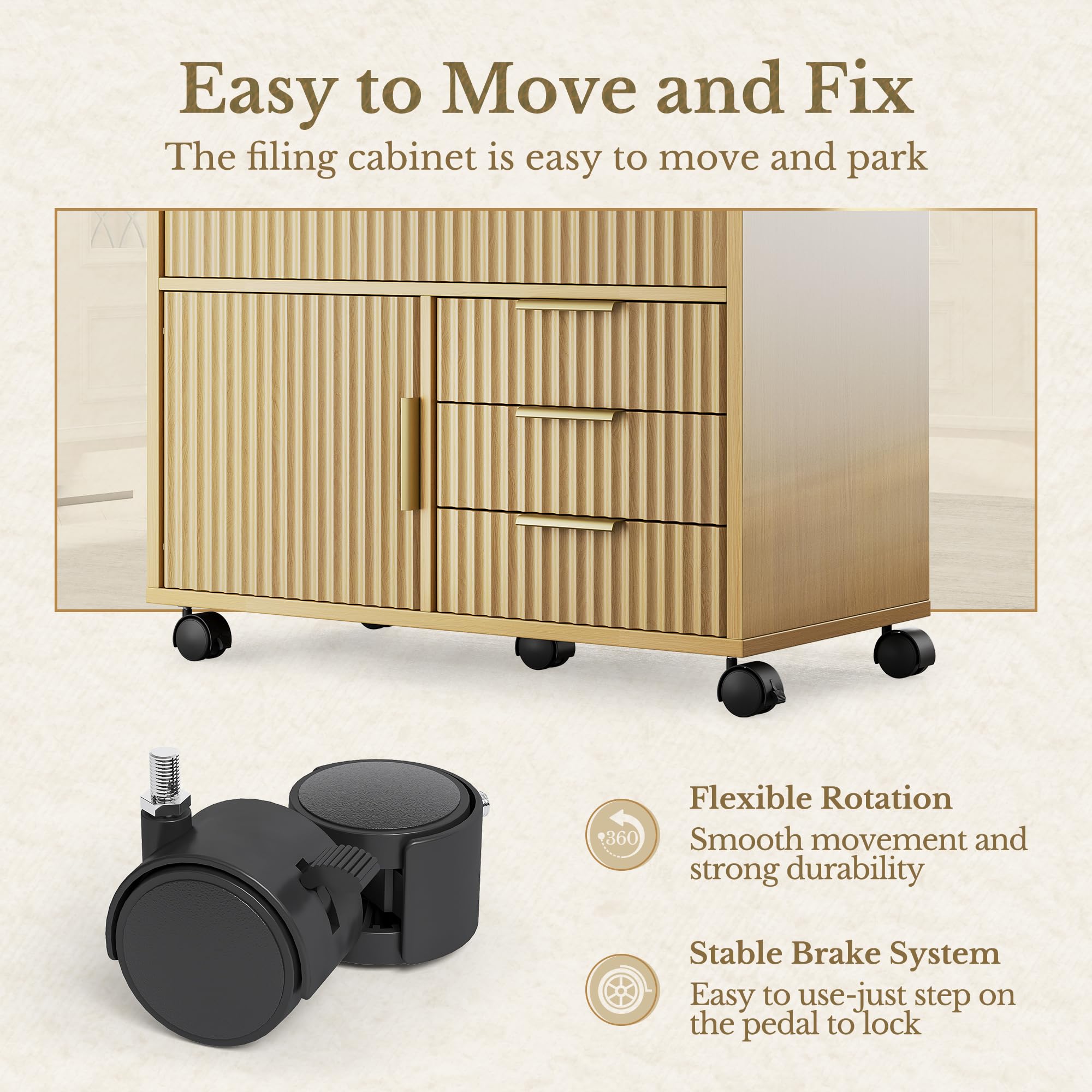 Perledesign Home Office Furniture Set, Fluted Wooden File Cabinet with Locable Wheels, Filing Cabinet with 5 Drawers for Home Office, Light Walnut