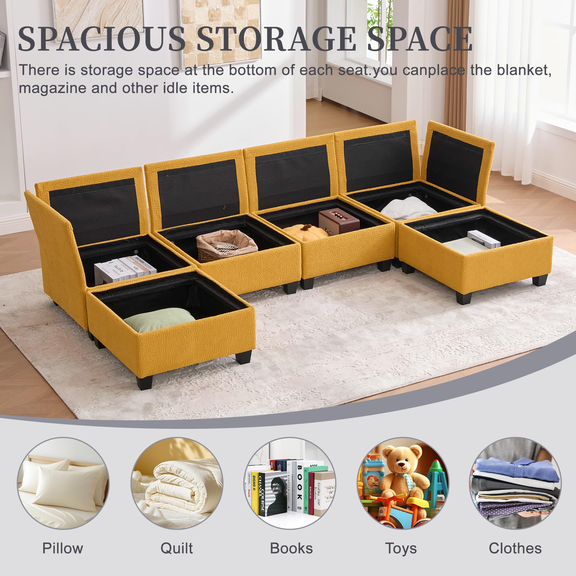 6-Seat U-Shaped Modular Sectional Sofa with Storage Ottoman