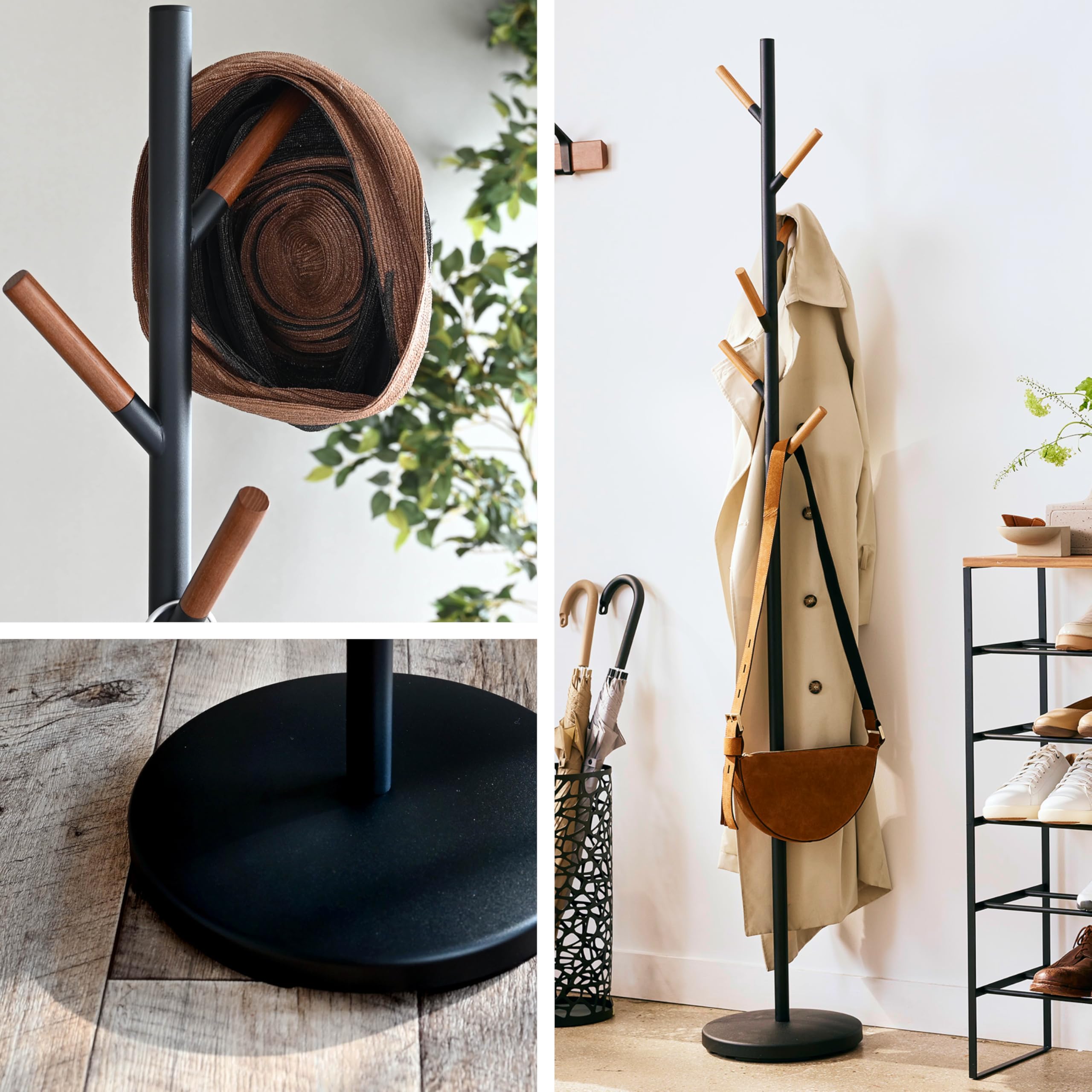 Freestanding Coat Rack with Wooden Hooks and Weighted Base - 70 Inch