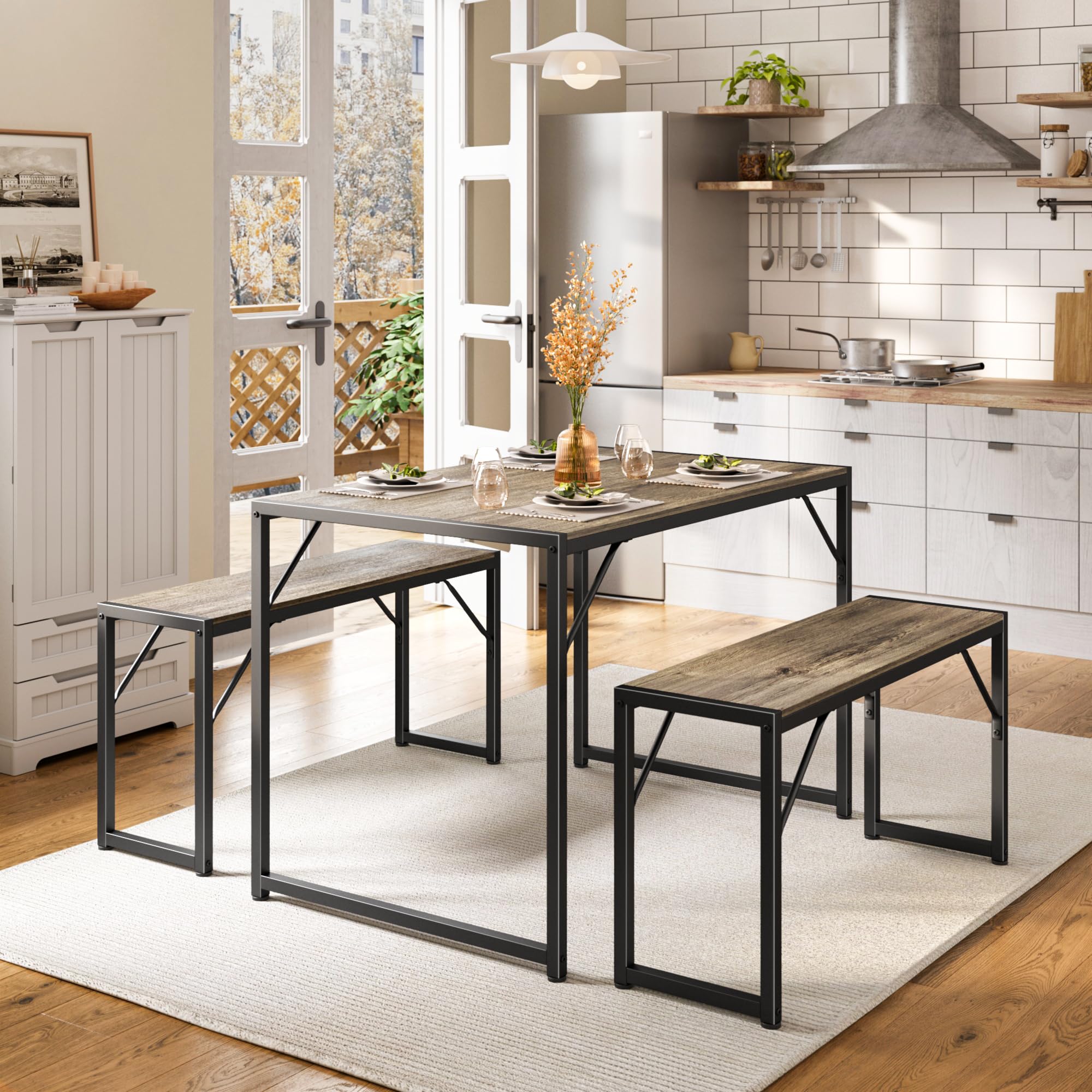 4-Piece Dining Table Set with Benches