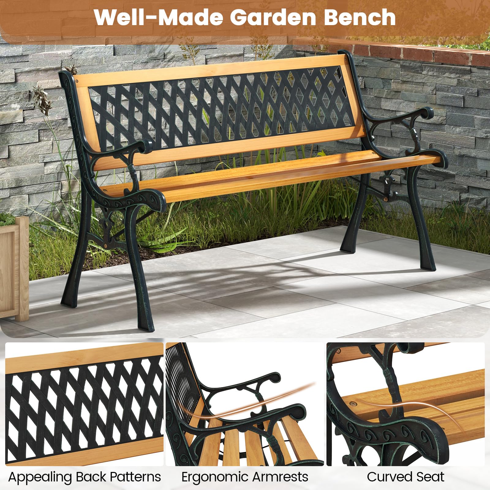 Cast Iron & Hardwood Outdoor Garden Bench
