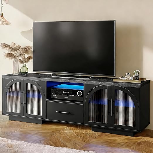 70" TV Stand with LED Lights and Arched Glass Doors