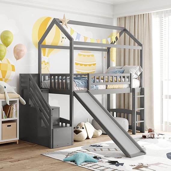 Queen Size Kids Loft Bed with Storage Shelves and Cabinet