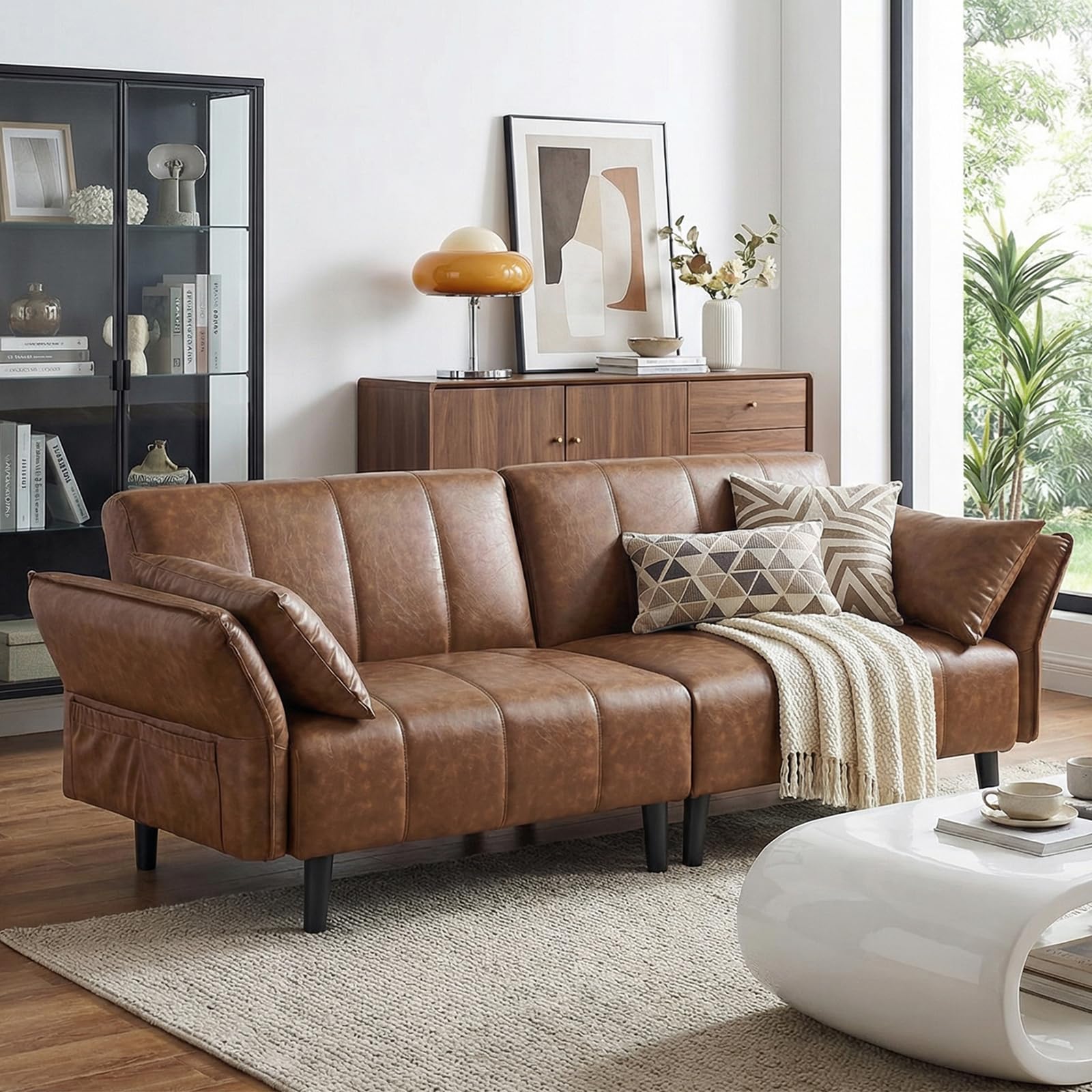 Mid-Century Modern Convertible Leather Futon Sofa