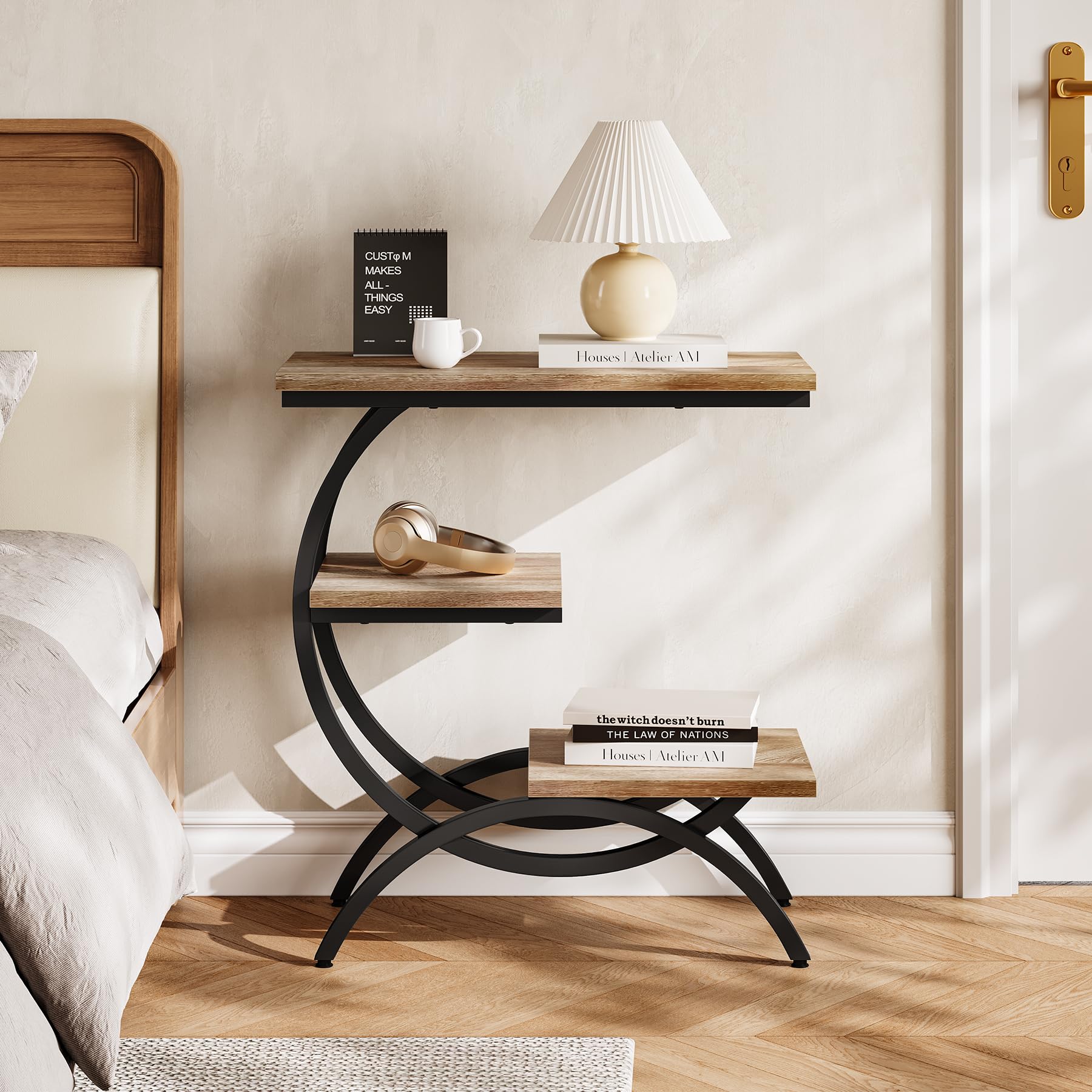 C-Shaped End Table with Storage Shelves