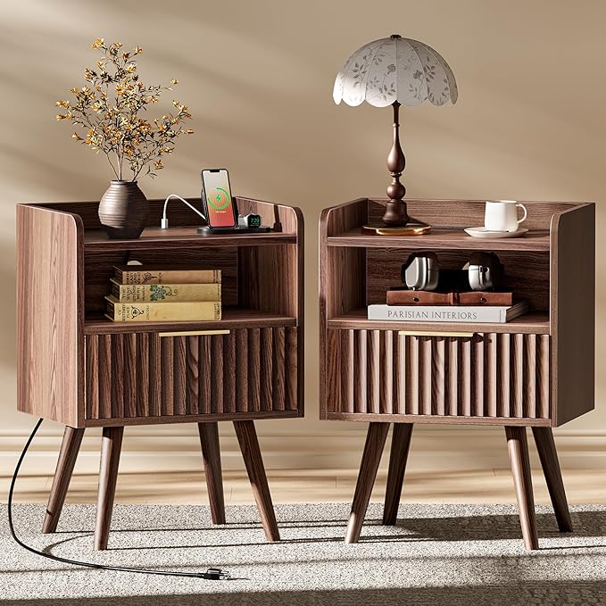 Fluted Nightstand with Charging Station and Drawer