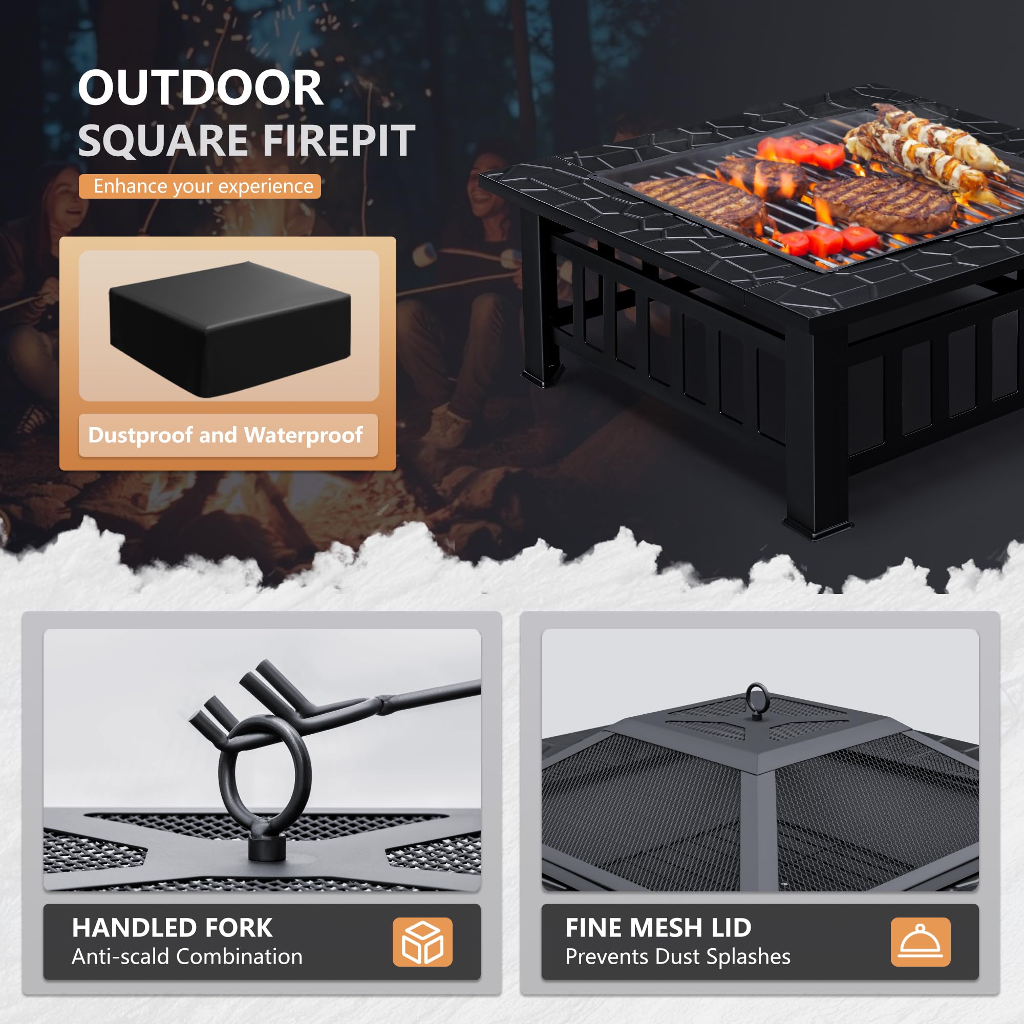 Square Metal Fire Pit with Spark Screen