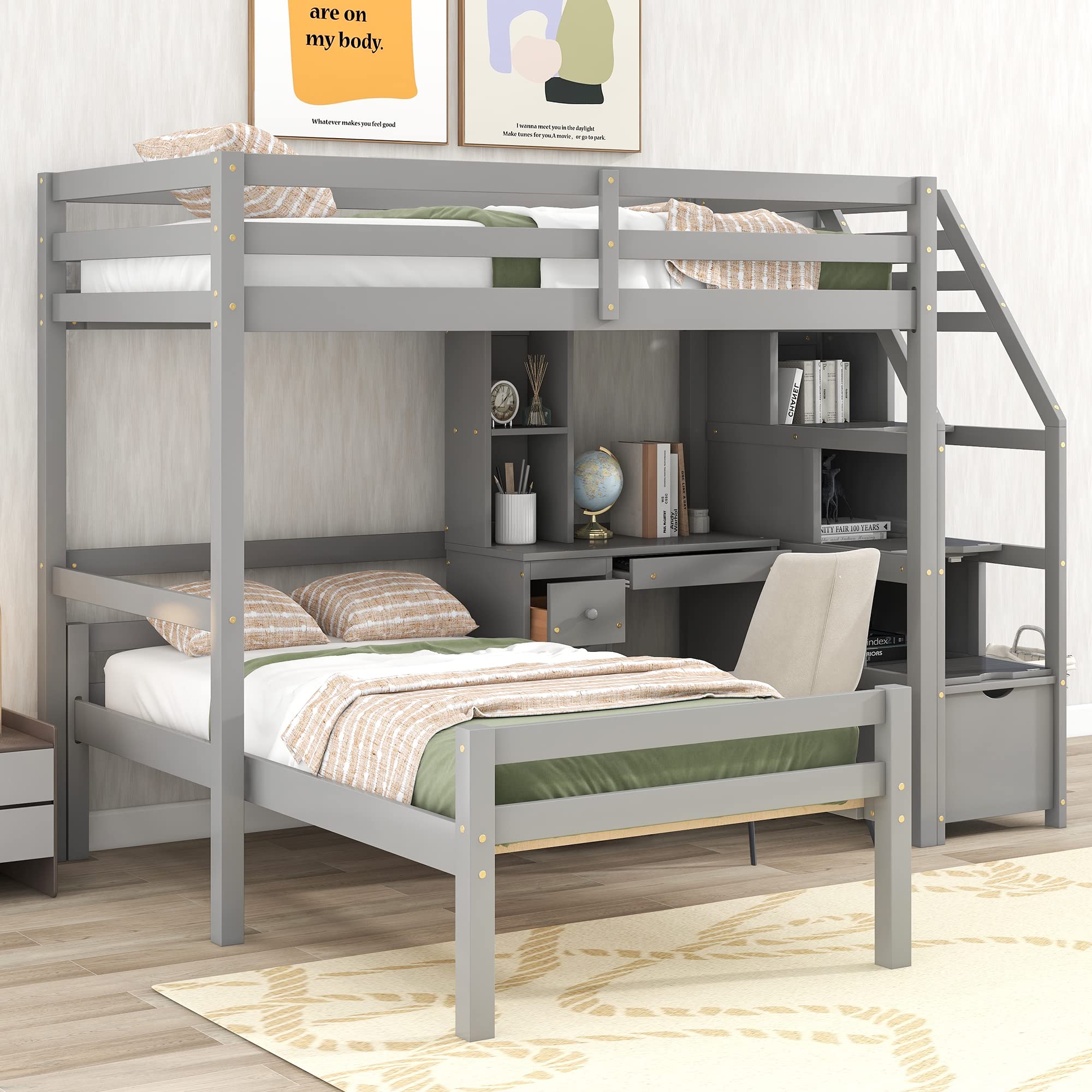 Twin Over Twin Bunk Bed with Stairs and Desk
