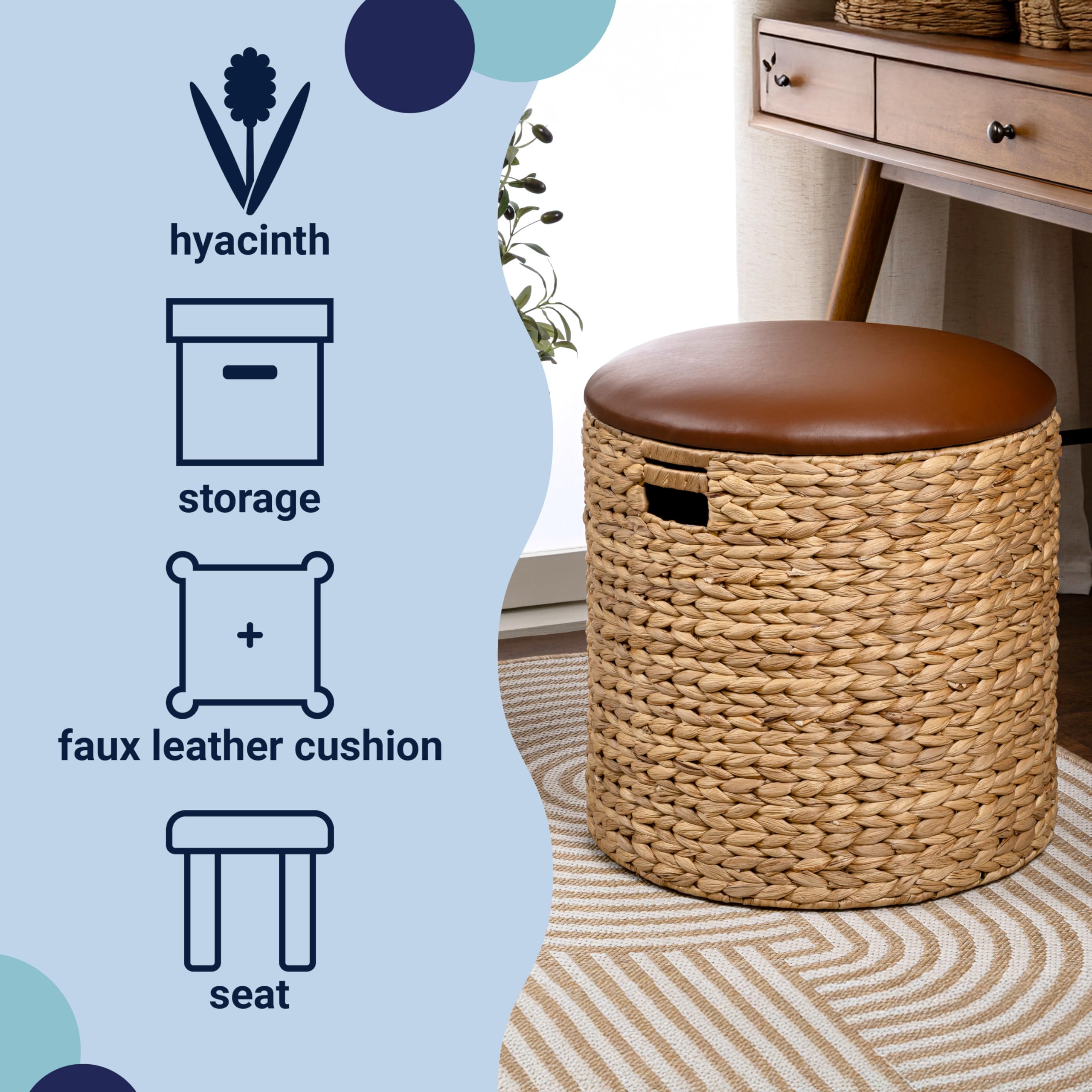 Water Hyacinth Storage Ottoman with Faux Leather Lid