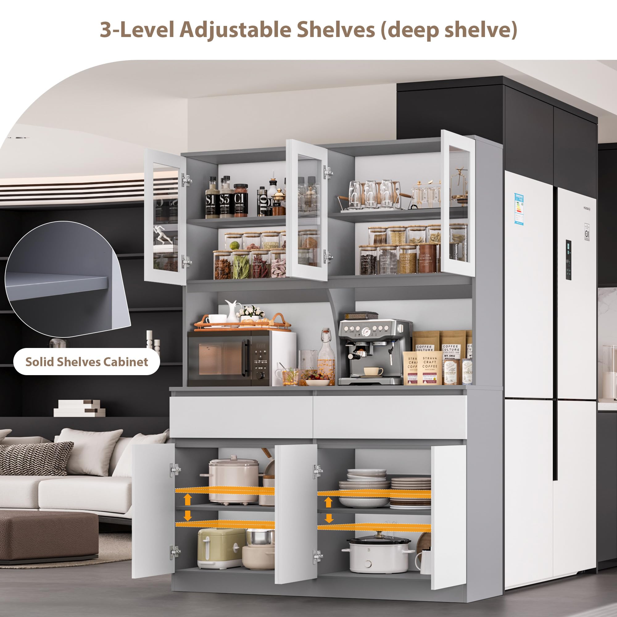 Kitchen Pantry Storage Cabinet with Glass Doors
