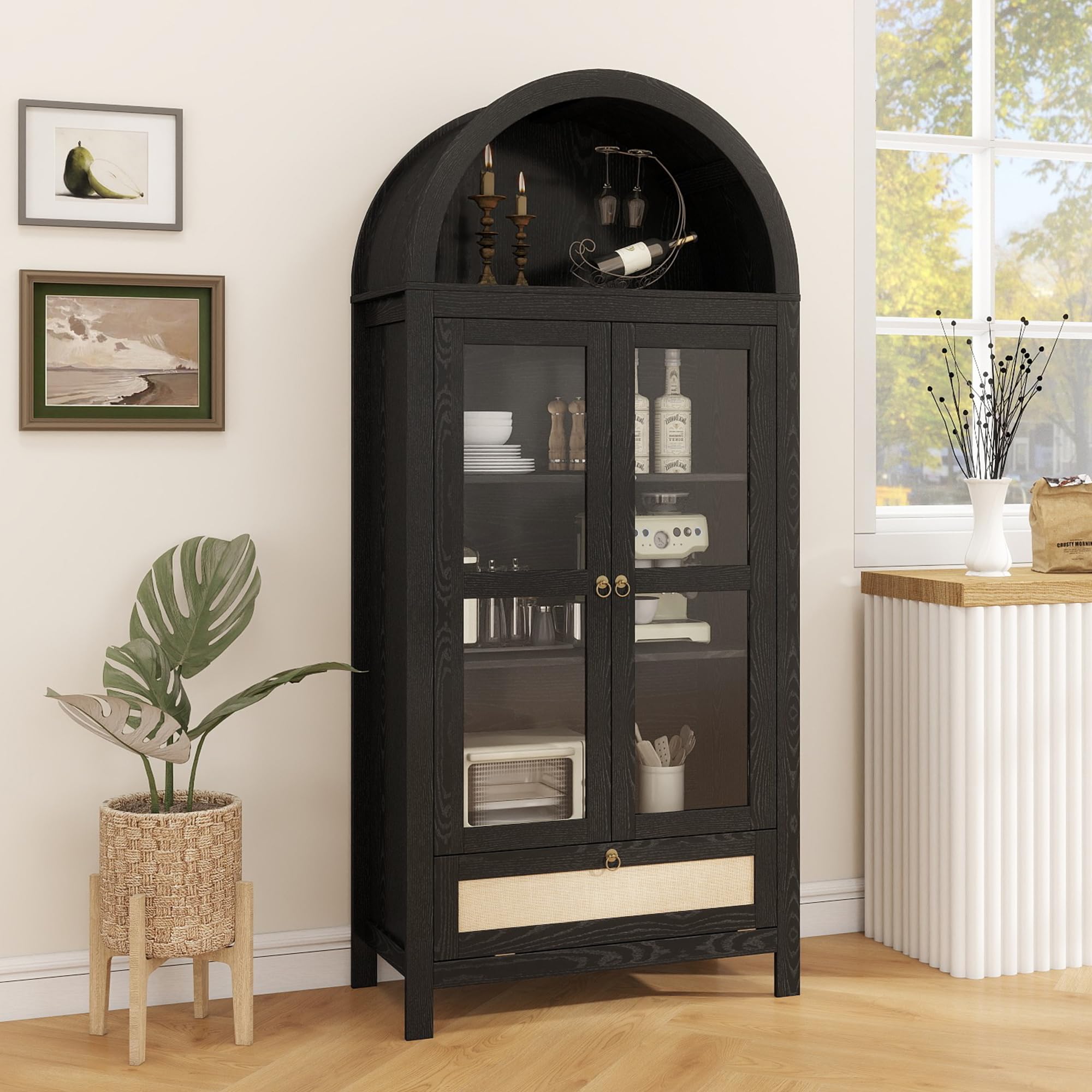 71" Tall Arched Pantry Cabinet with Glass Door