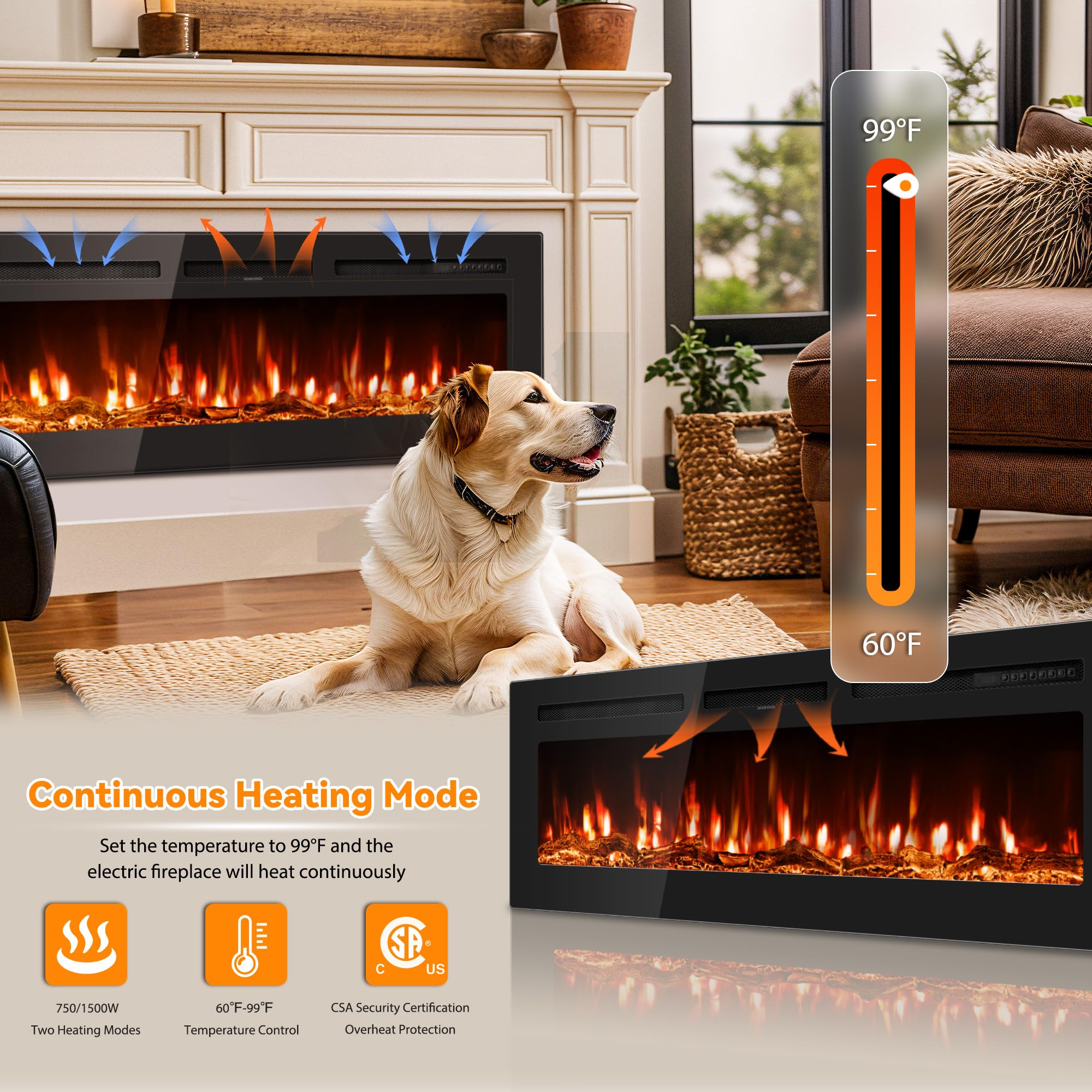 50 Inch Wall Mounted Electric Fireplace with Remote Control