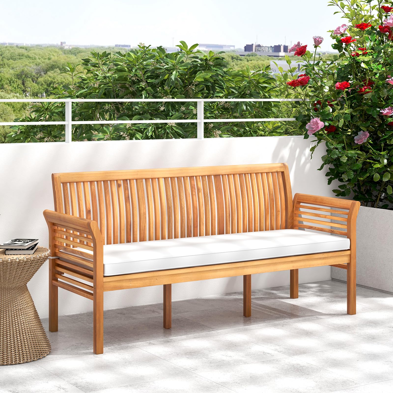 3-Person Acacia Wood Outdoor Bench with Cushion