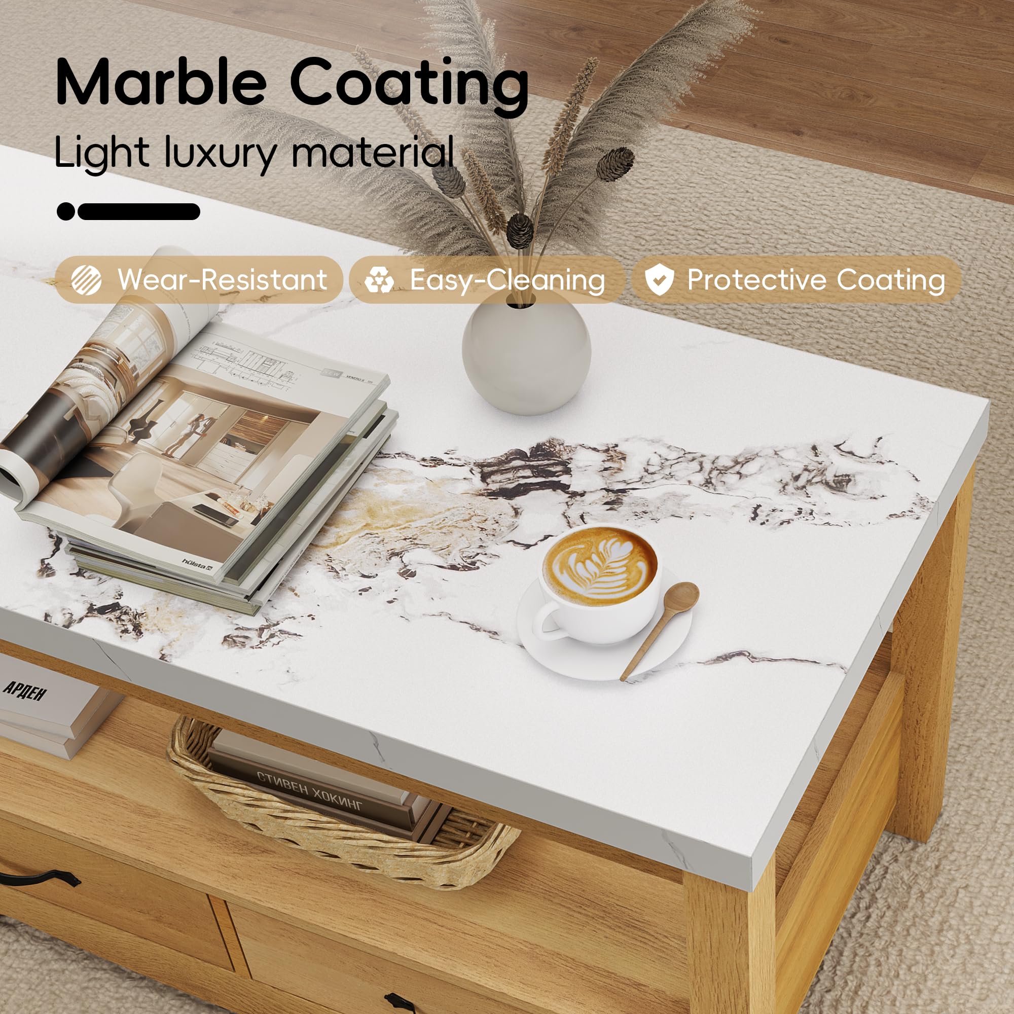40" Faux Marble Coffee Table with Storage Drawers