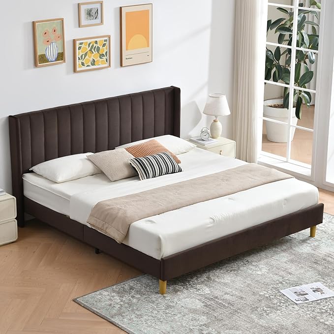Pink Full Size Upholstered Platform Bed Frame with Wingback Headboard