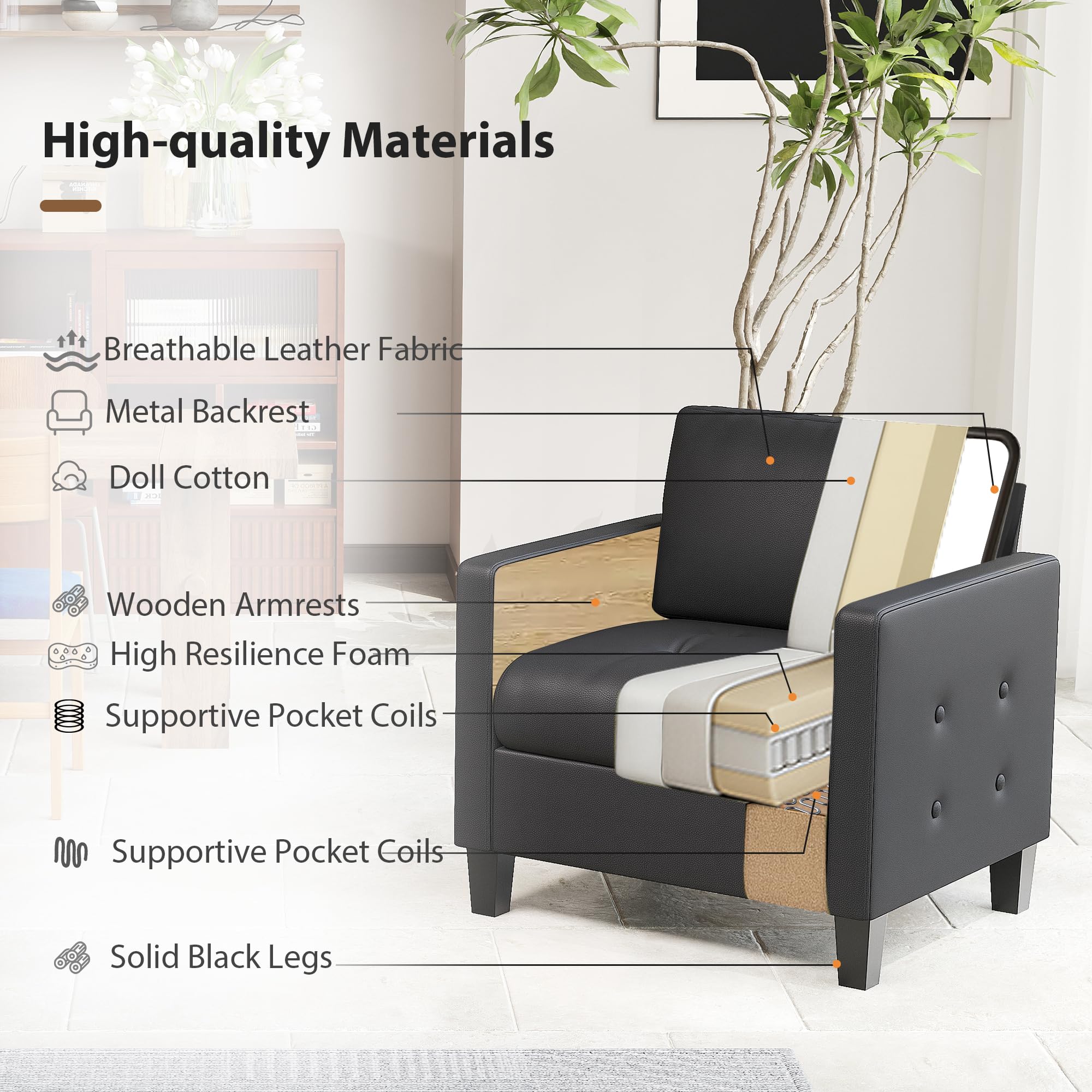 STHOUYN Accent Chair, Black Faux Leather Chair, Mid-Century Modern Living Room Chairs, Cozy Office Reading Chair with Tufted Seat and Armrest, Reception Armchairs for Bedroom, Waiting Room (1)