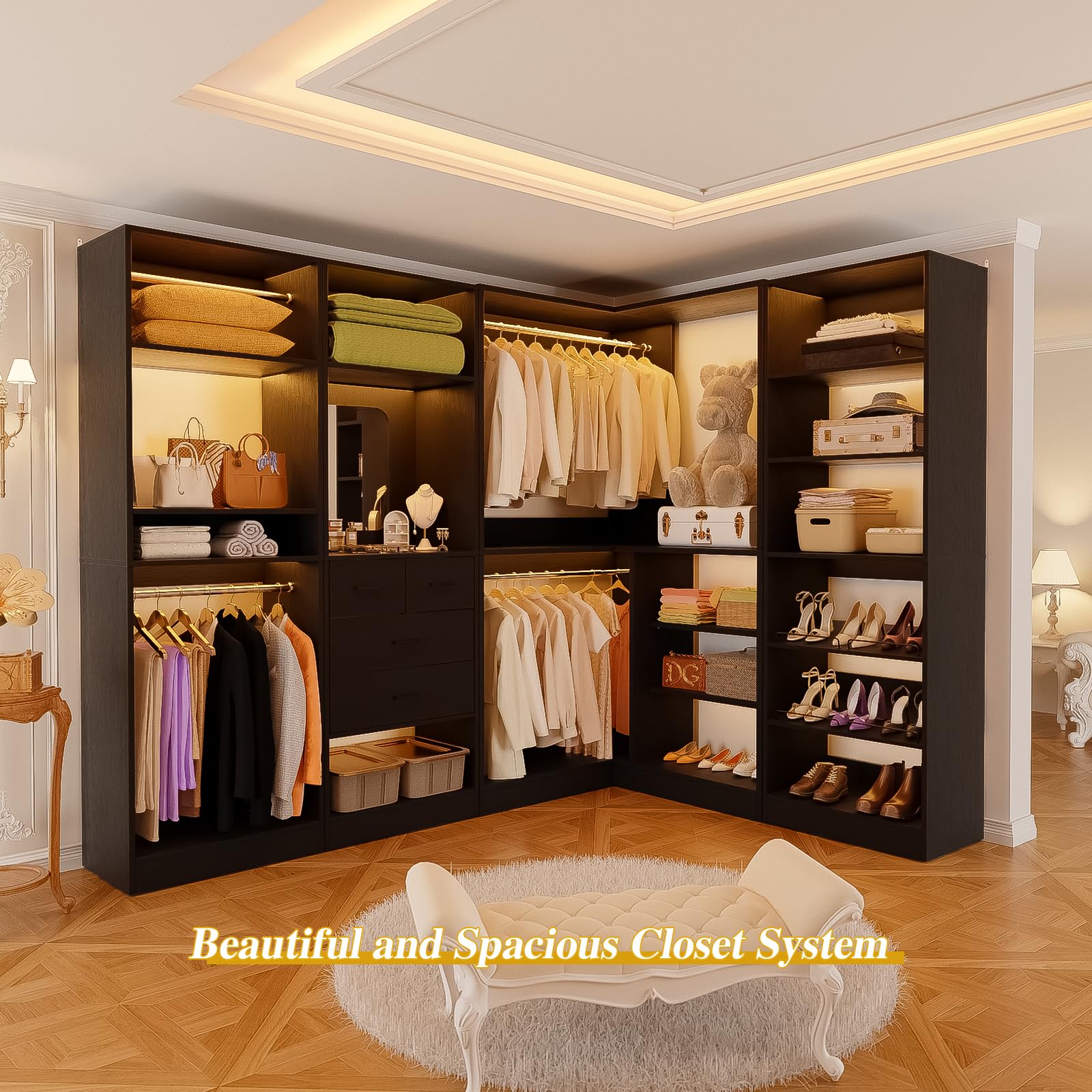 110" Corner Closet System with Drawers and Mirror