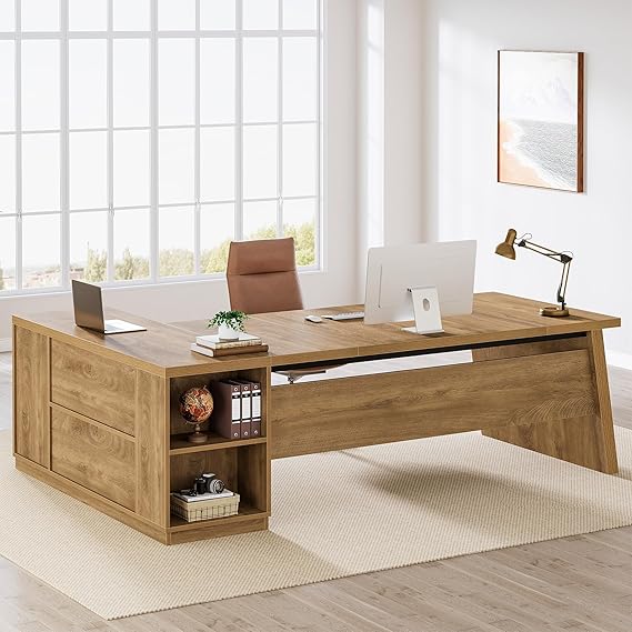 78" L-Shaped Executive Desk with Drawers and Storage Shelves