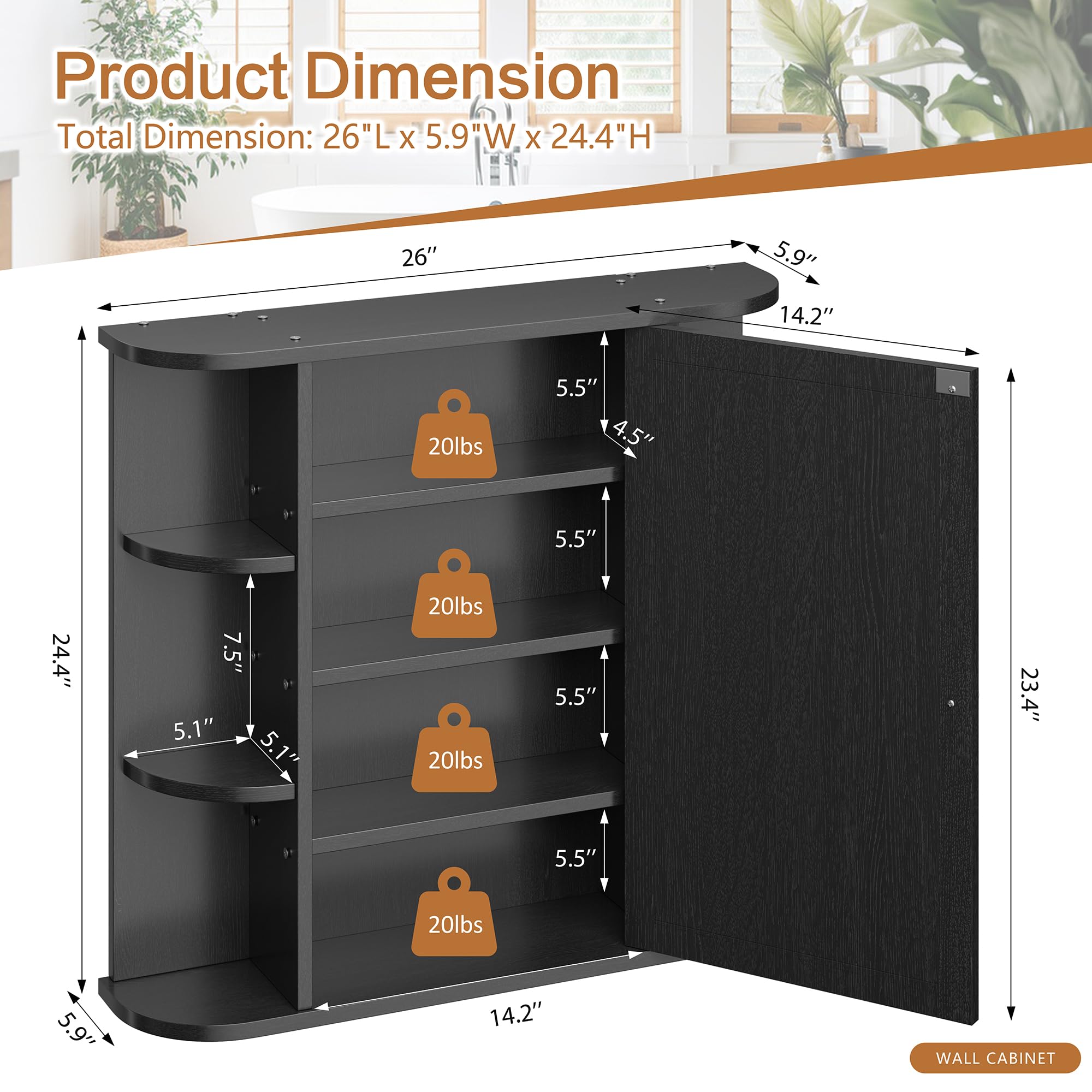 Bathroom Mirror Cabinet Wall Mounted with 6 Shelves