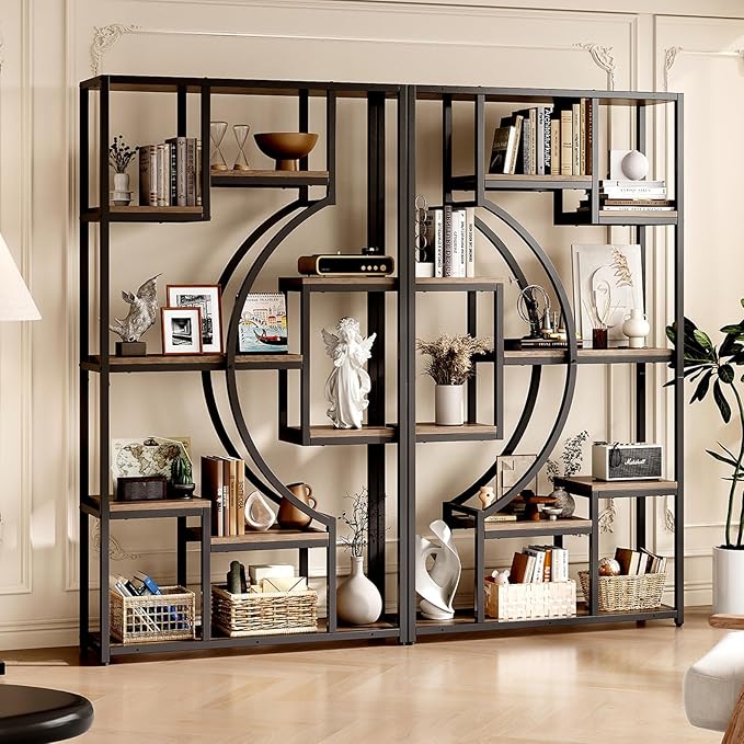 70.8 Inch Tall Etagere Bookcase Set of 2 White Gold
