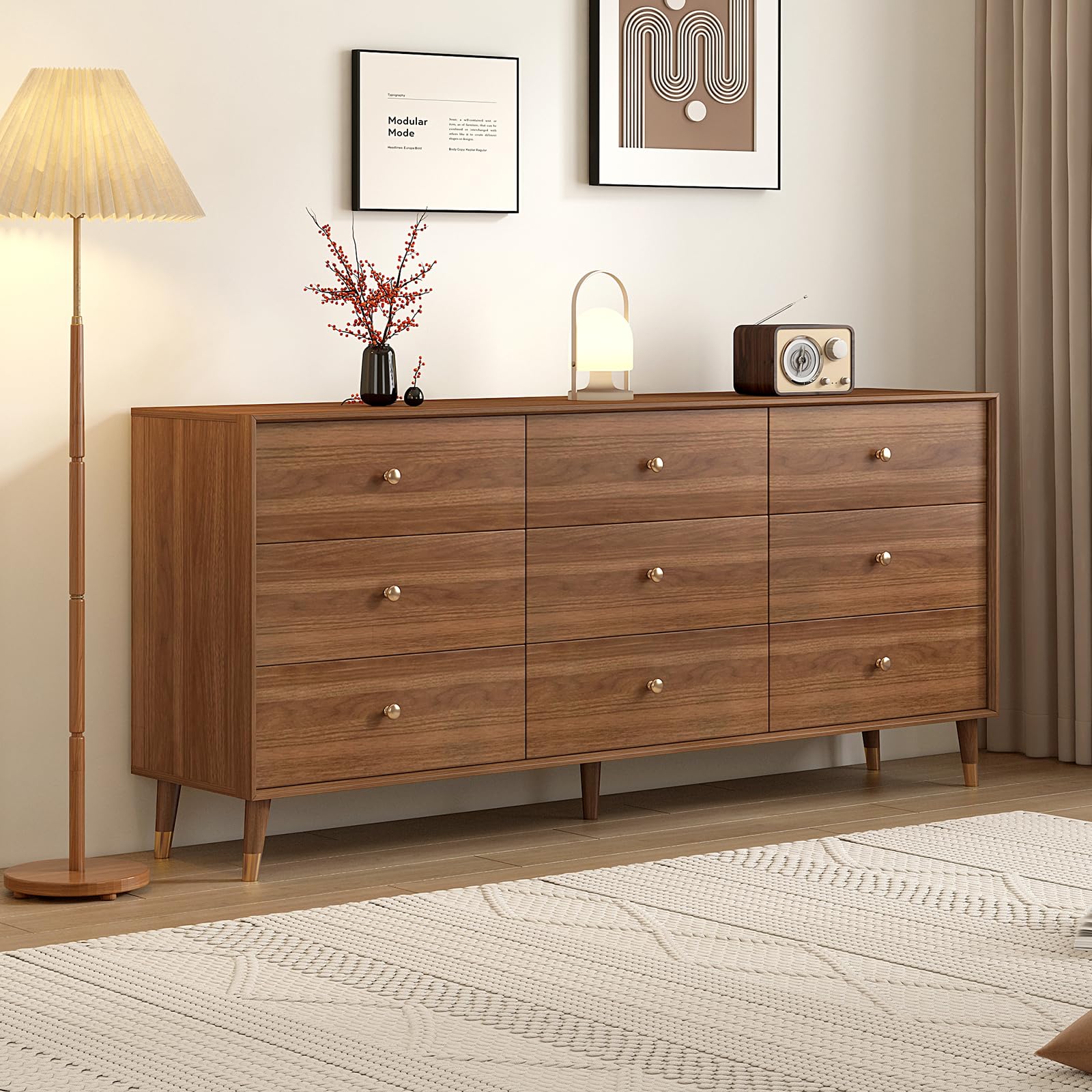 Modern 9 Drawer Dresser with Walnut Frame