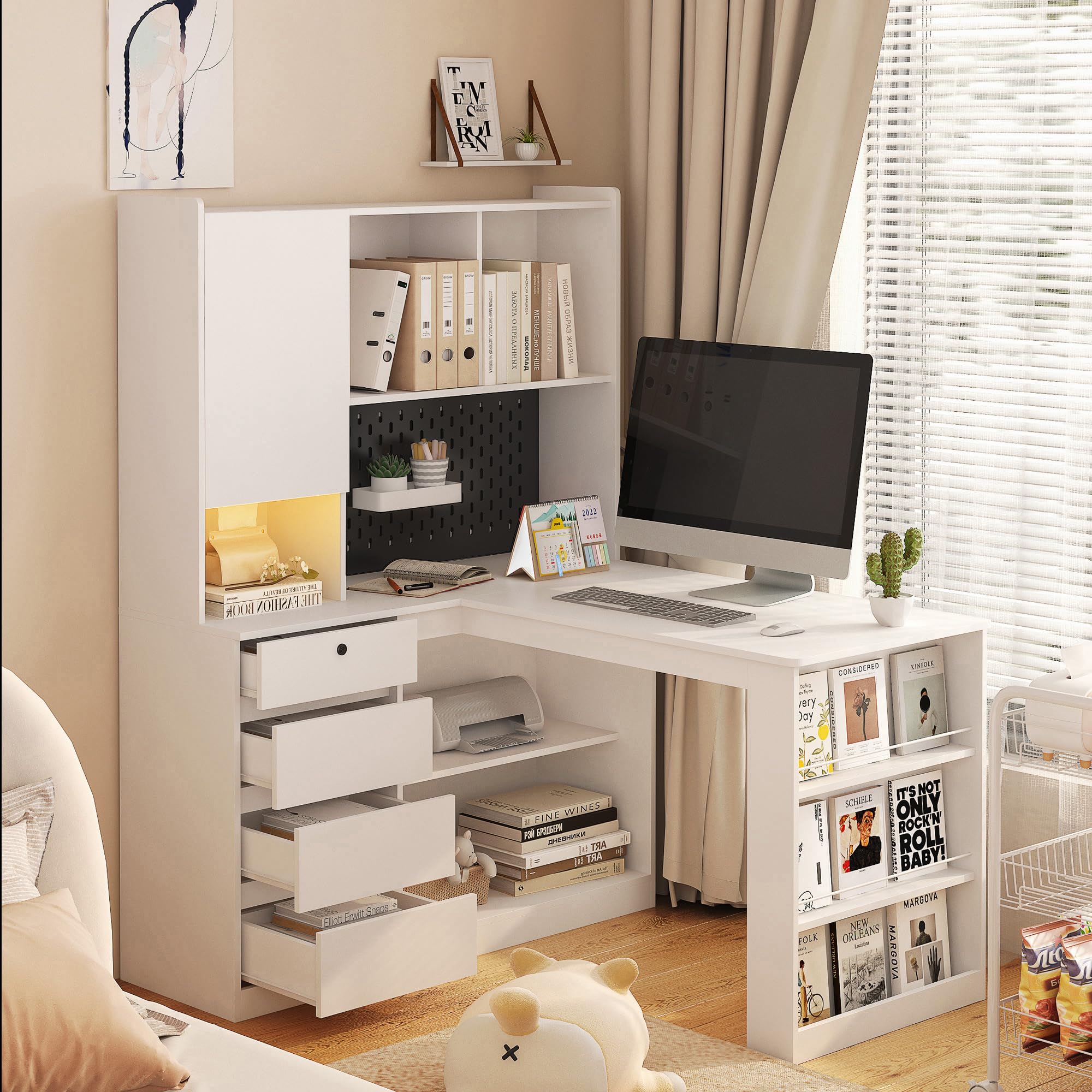 L-Shaped Home Office Desk with Hutch and LED Light