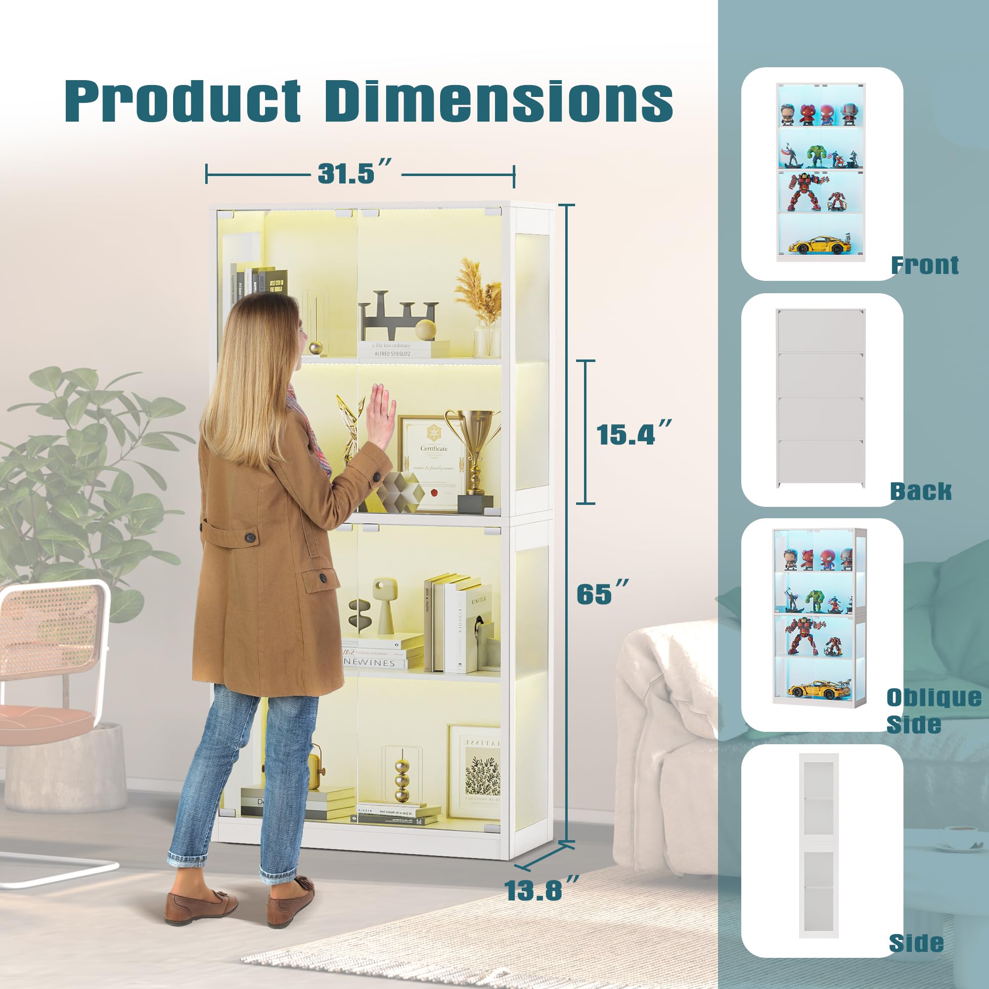4-Tier Display Cabinet with Glass Doors and LED Lights