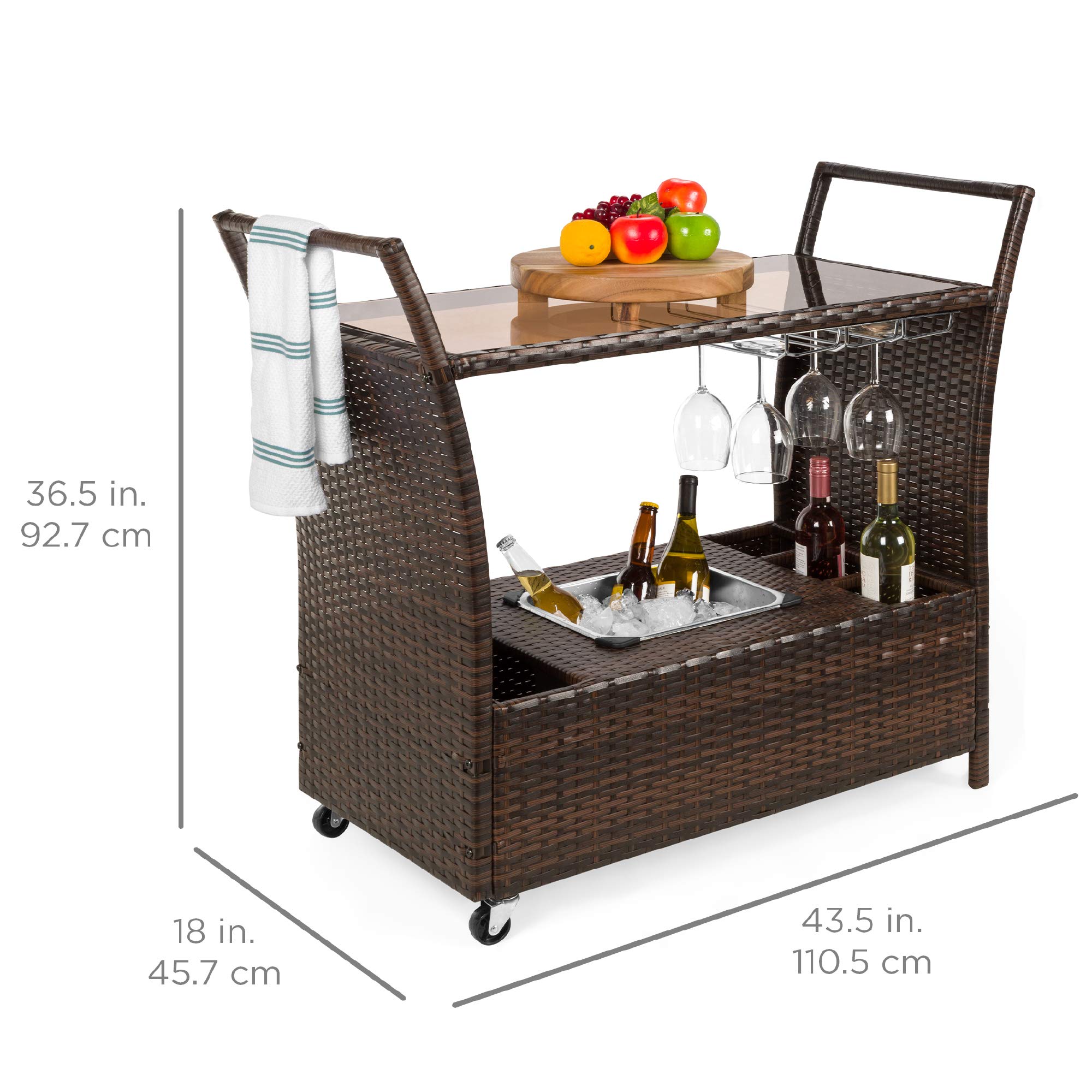 Outdoor Rolling Wicker Bar Cart with Glass Top