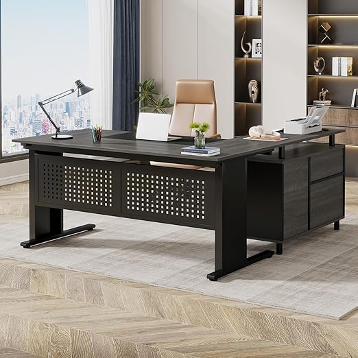L-Shaped Executive Desk with File Cabinet