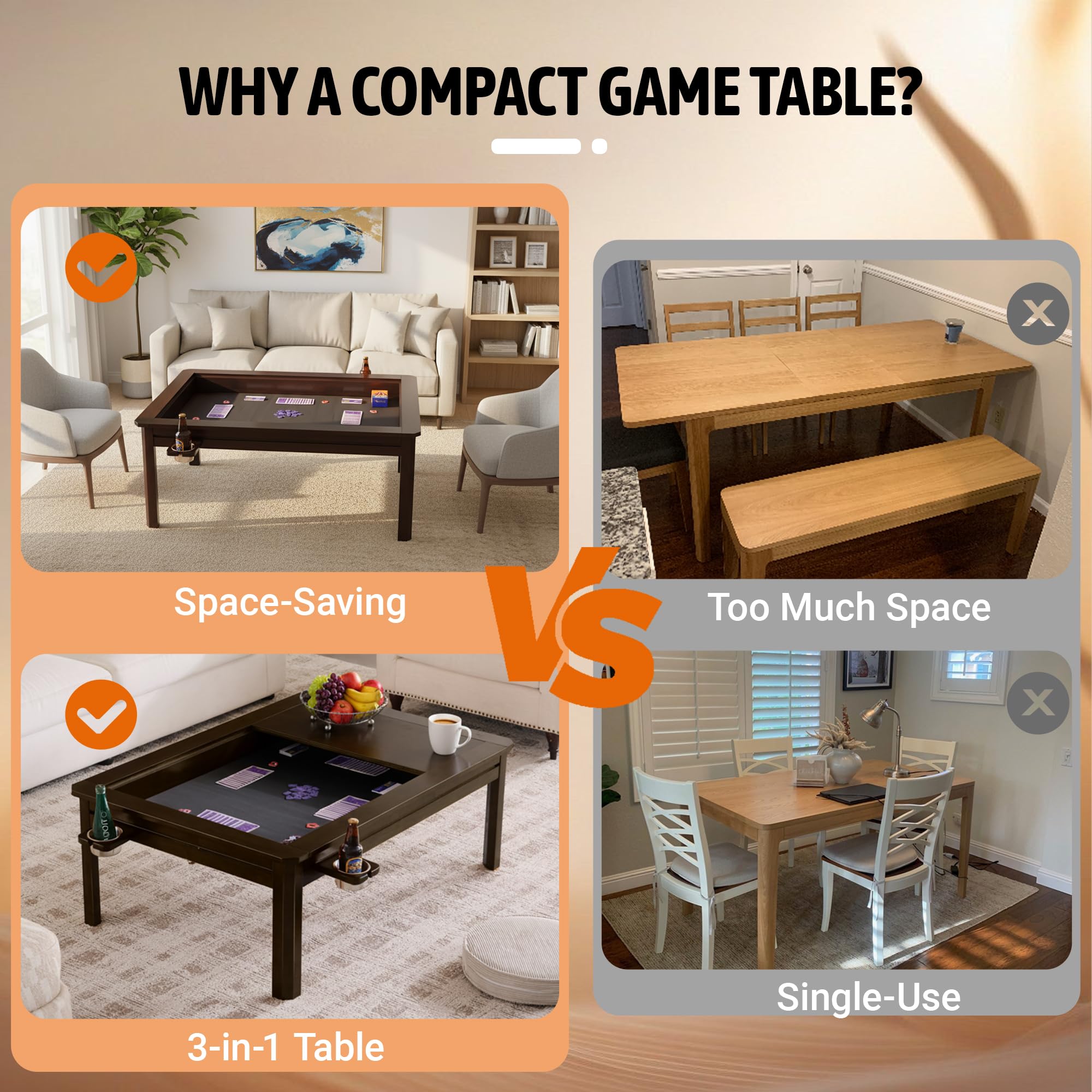 Solid Wood Board Game Coffee Table with Removable Top