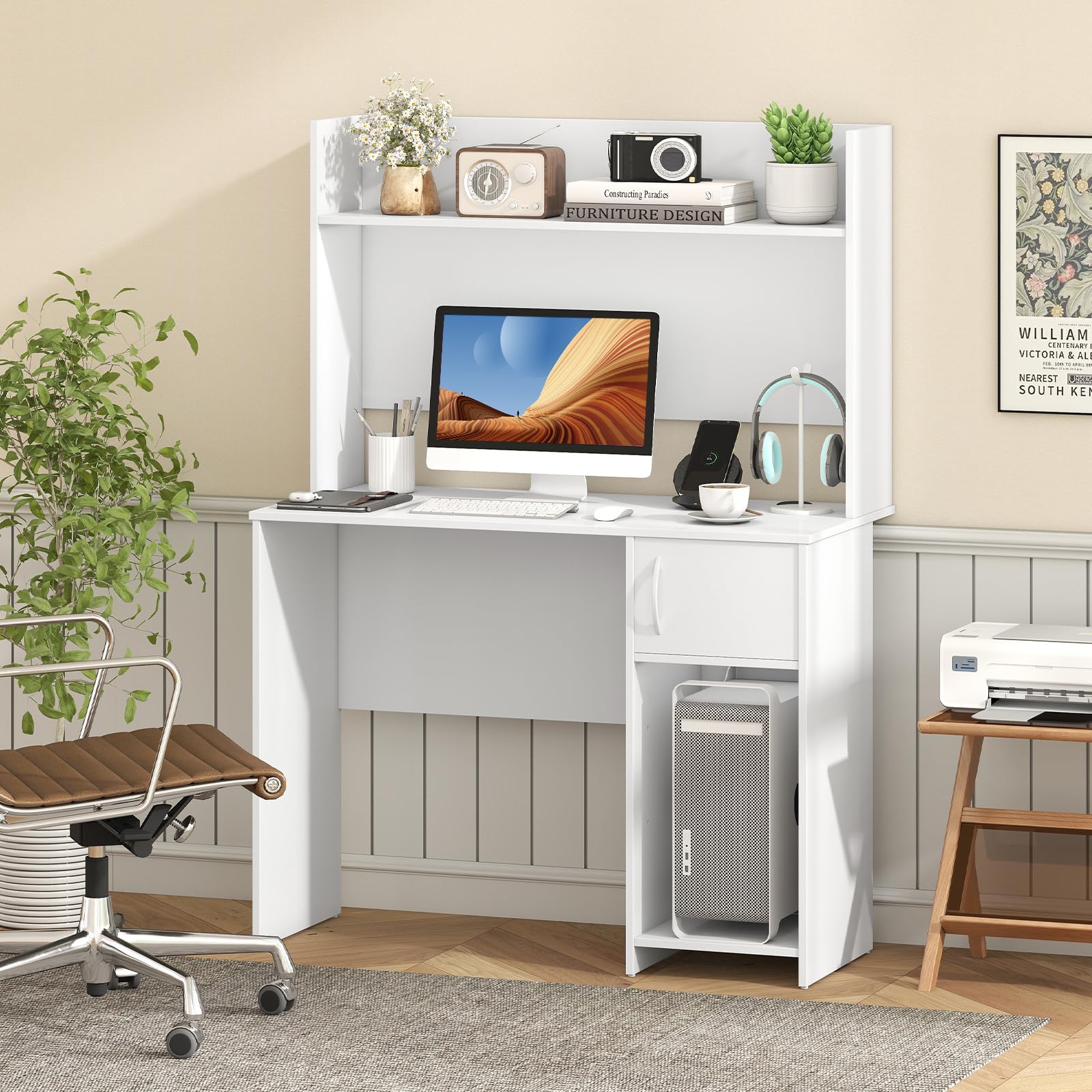 White Desk with Hutch and Bookshelf