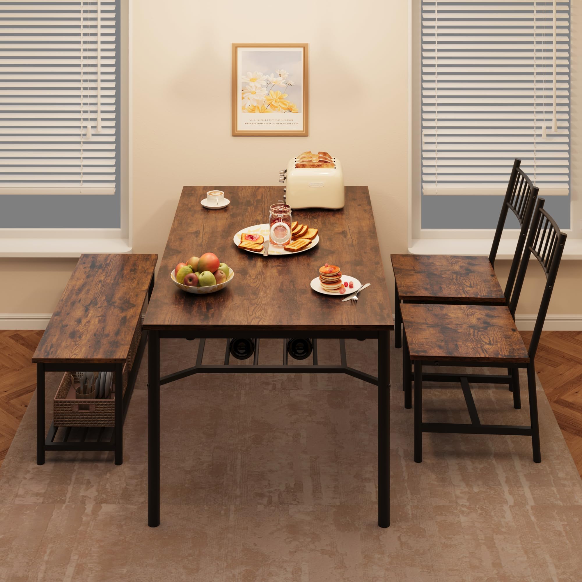 4-Piece Dining Table Set with Bench and Chairs