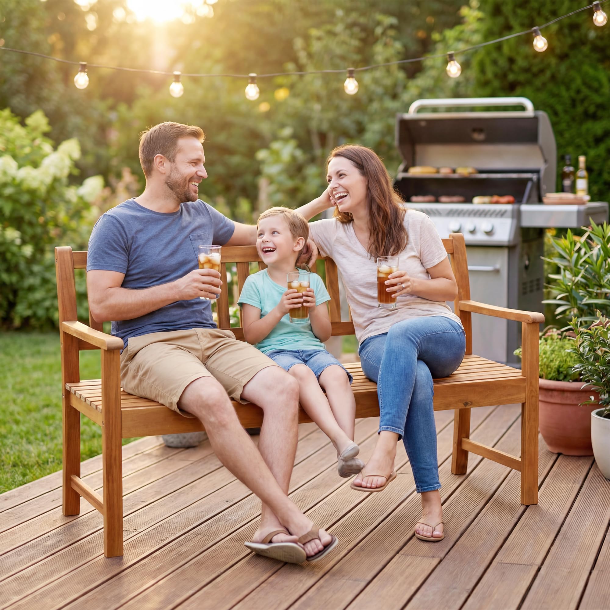 Outdoor Bench with Pull-Out Center Table