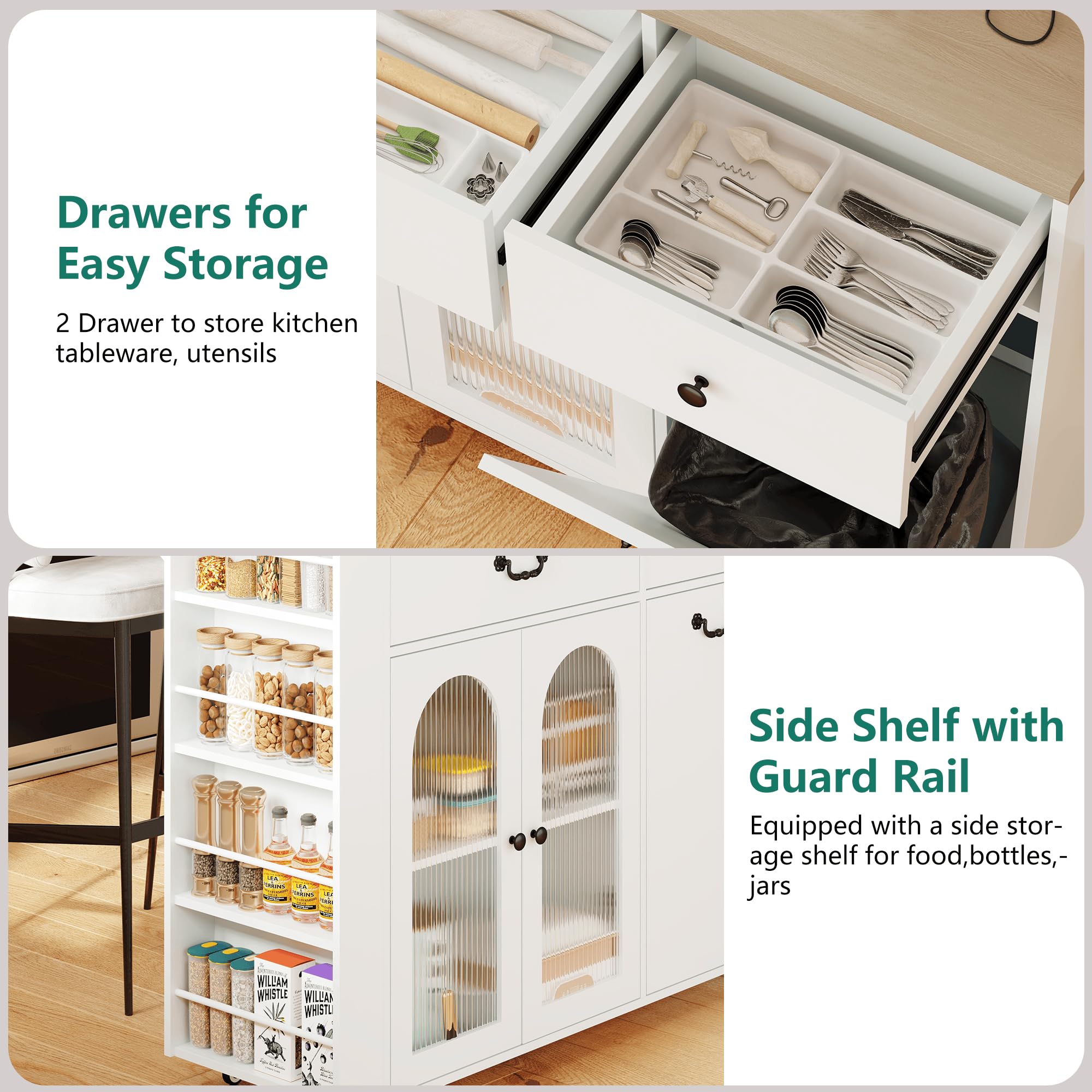 Rolling Kitchen Island with Trash Can Storage and Power Outlets