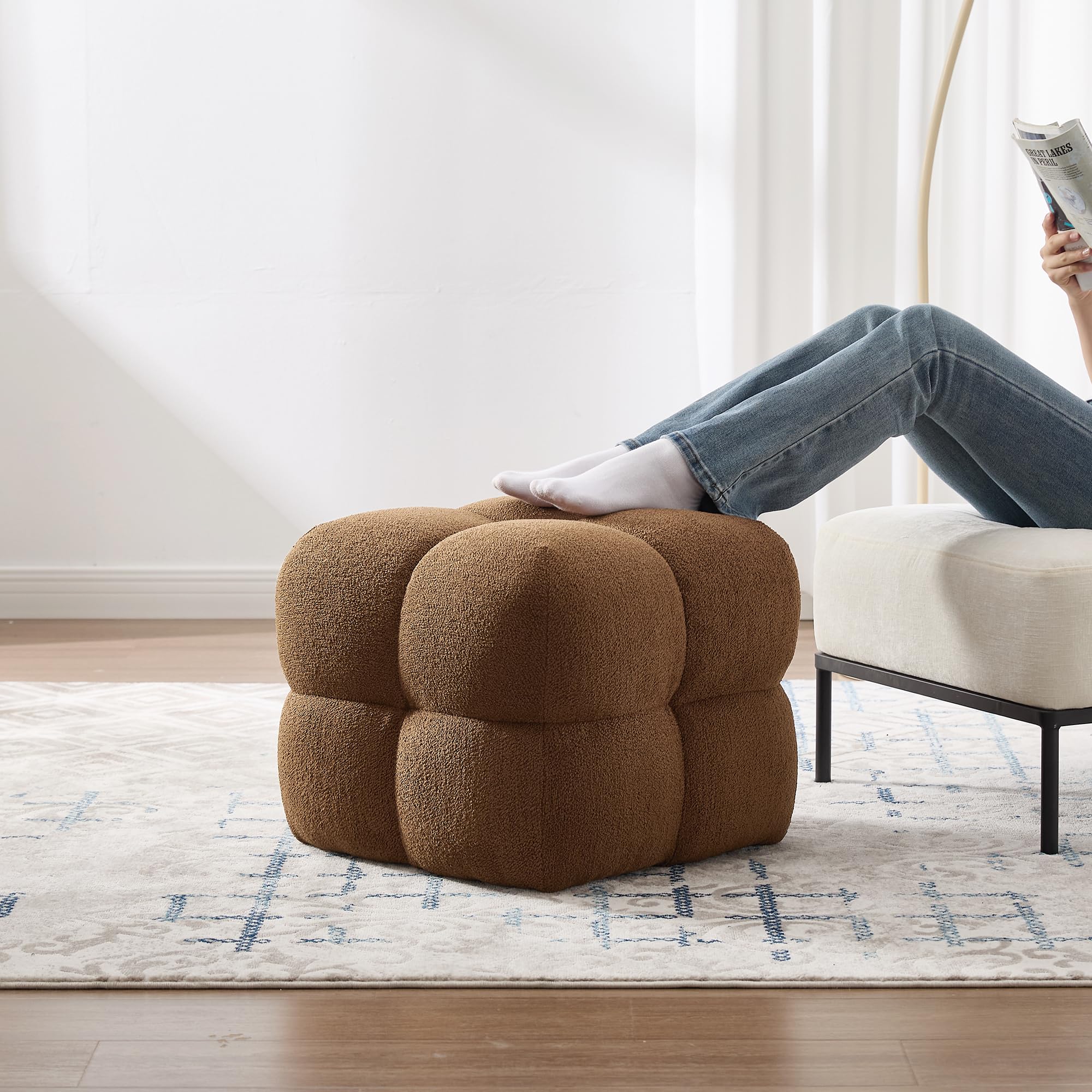 Square Teddy Fleece Ottoman Rust Brown