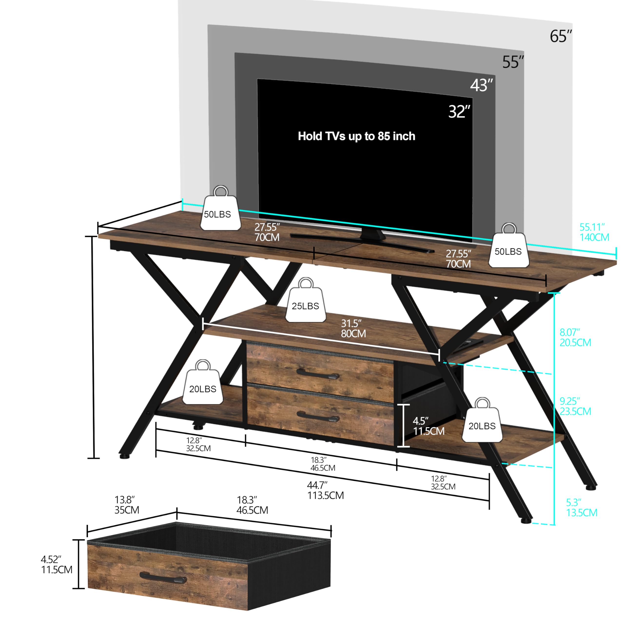 TV Stand with Power Outlet and LED Lights for 65 Inch TVs