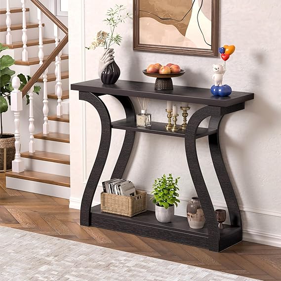 Wooden Console Table with Curved Legs - 3-Tier Modern Accent Sofa Table