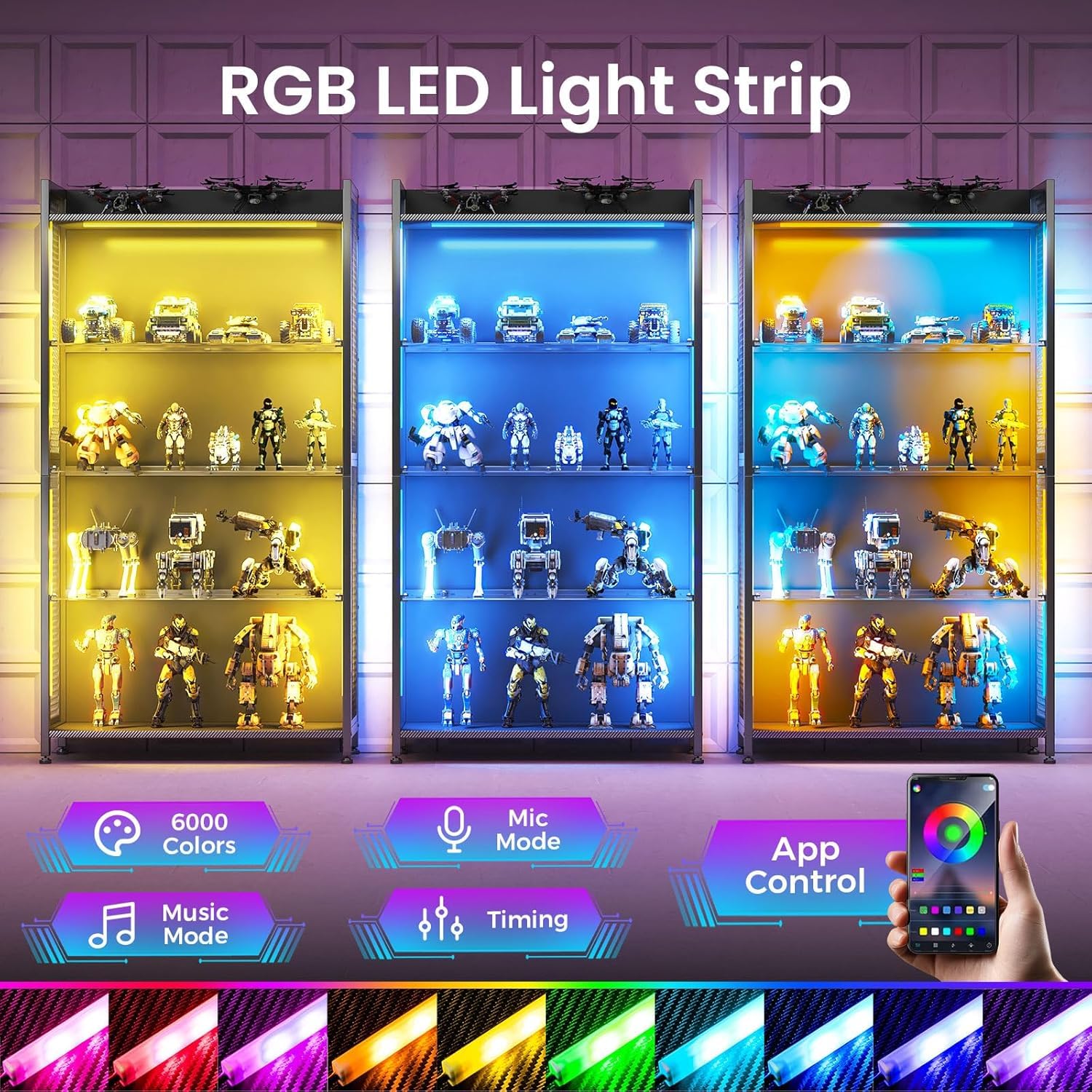 4-Tier Display Cabinet with LED Lights and Glass Shelves