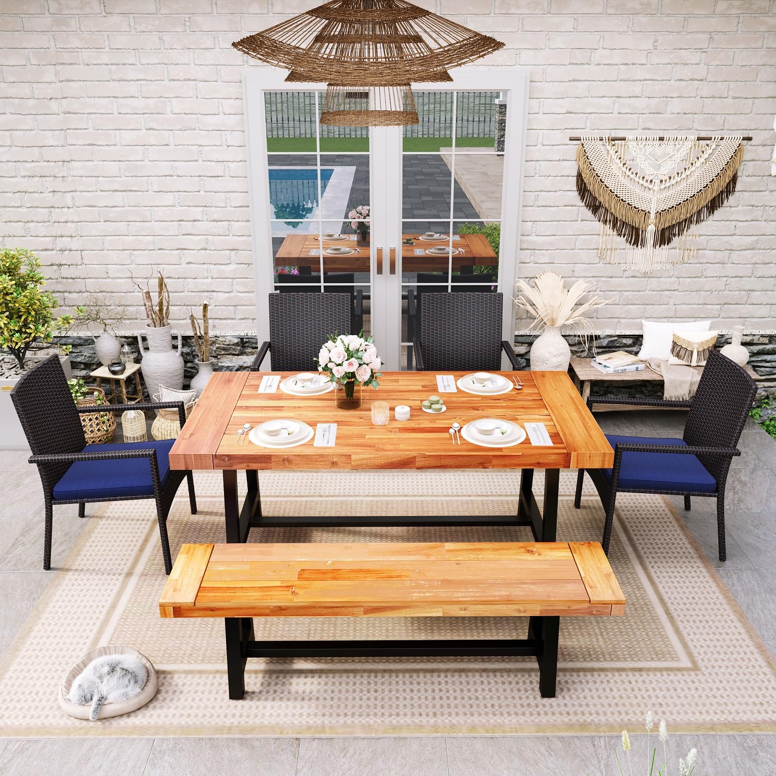 Outdoor Bench Garden Bench Wood 63 Inch Patio Dining Bench Weatherproof