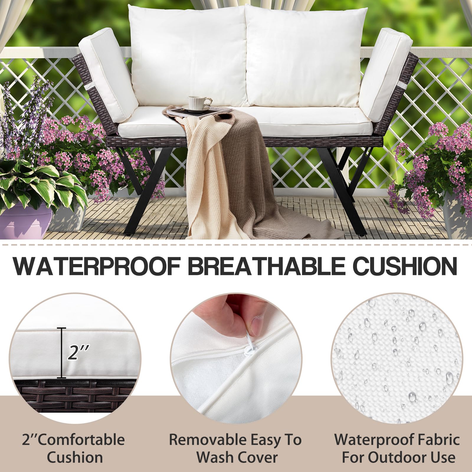 Outdoor Woven Rattan Loveseat with Adjustable Armrests