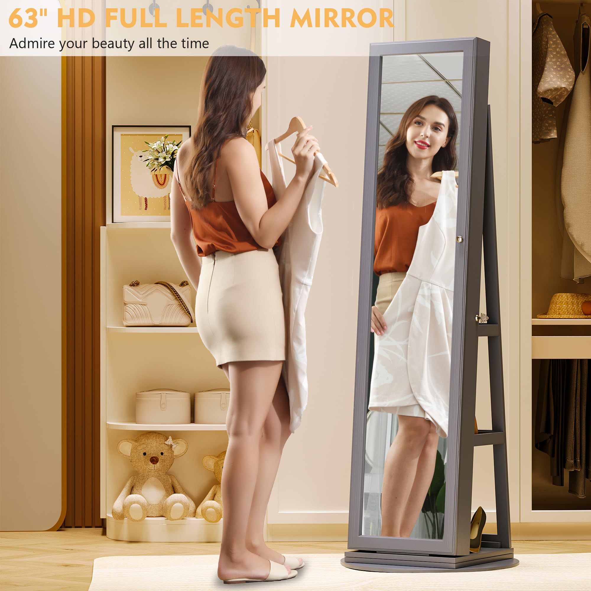 360° Rotating Full Length Mirror Jewelry Armoire with Storage