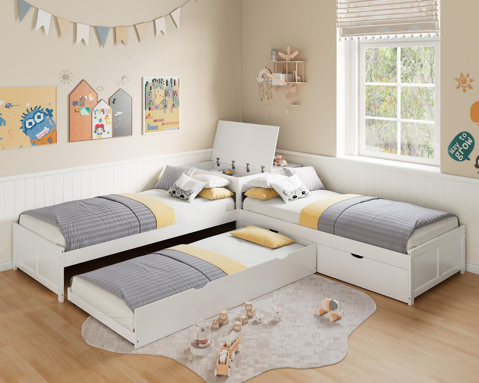 L-Shaped Twin Trundle Bed with Storage Desk