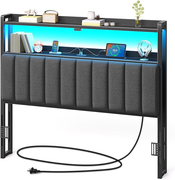 Queen Size Upholstered Headboard with LED Lights and USB Charging