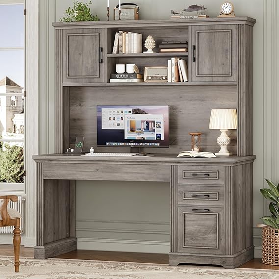 Farmhouse Computer Desk with Hutch and 3 Drawers