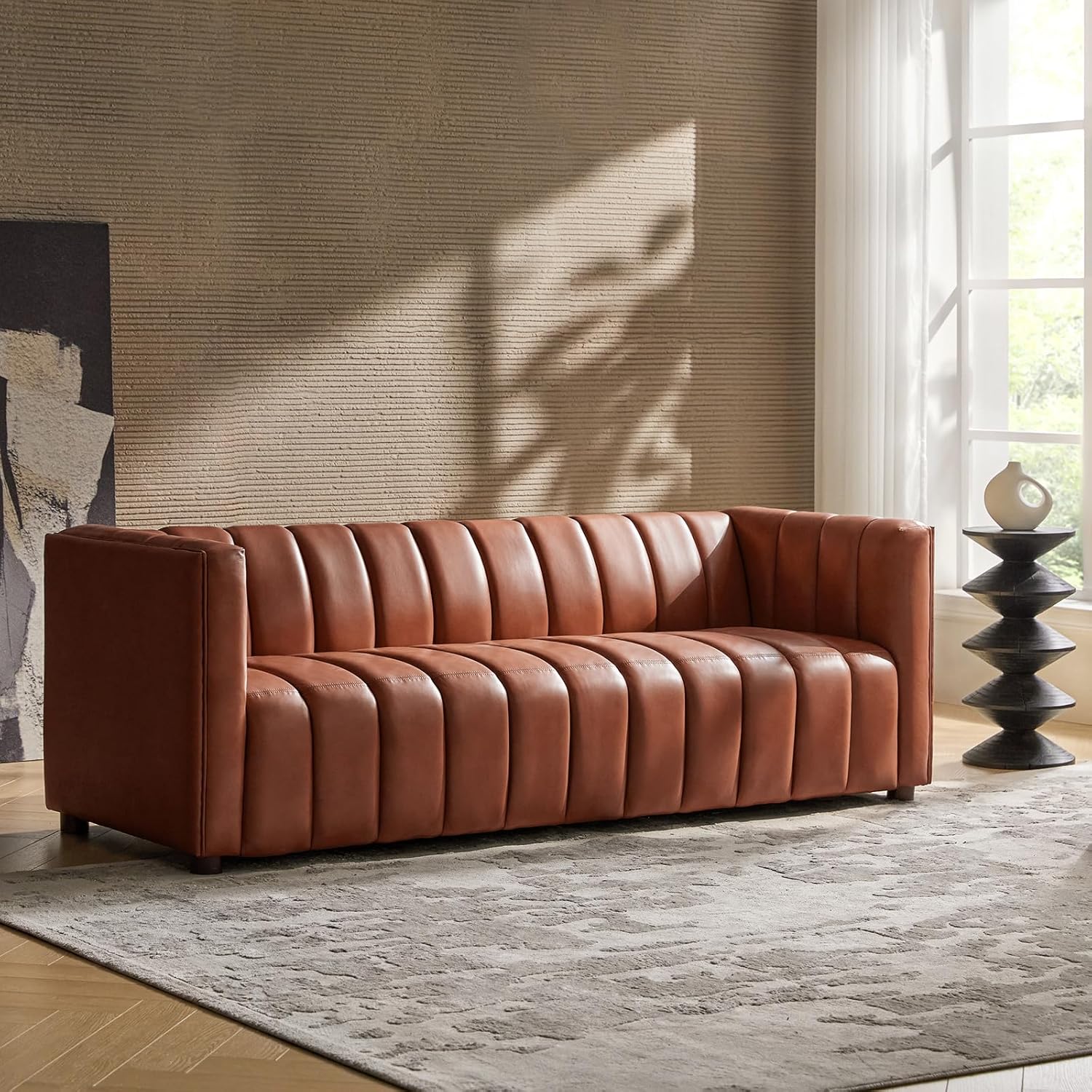 83" Genuine Leather Channel Tufted Sofa