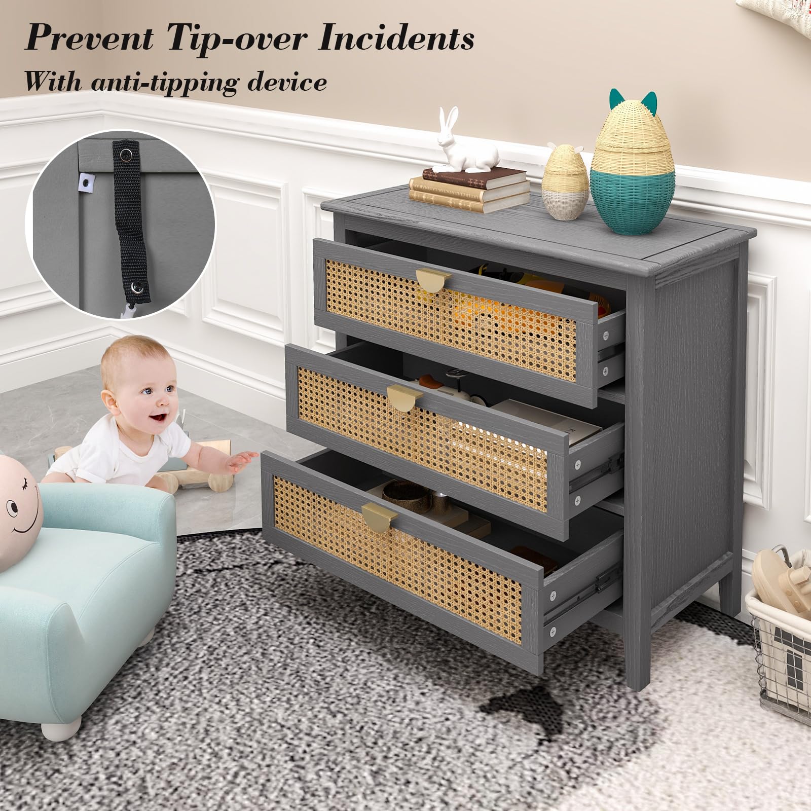 Rattan 3 Drawer Dresser with Storage Cabinet